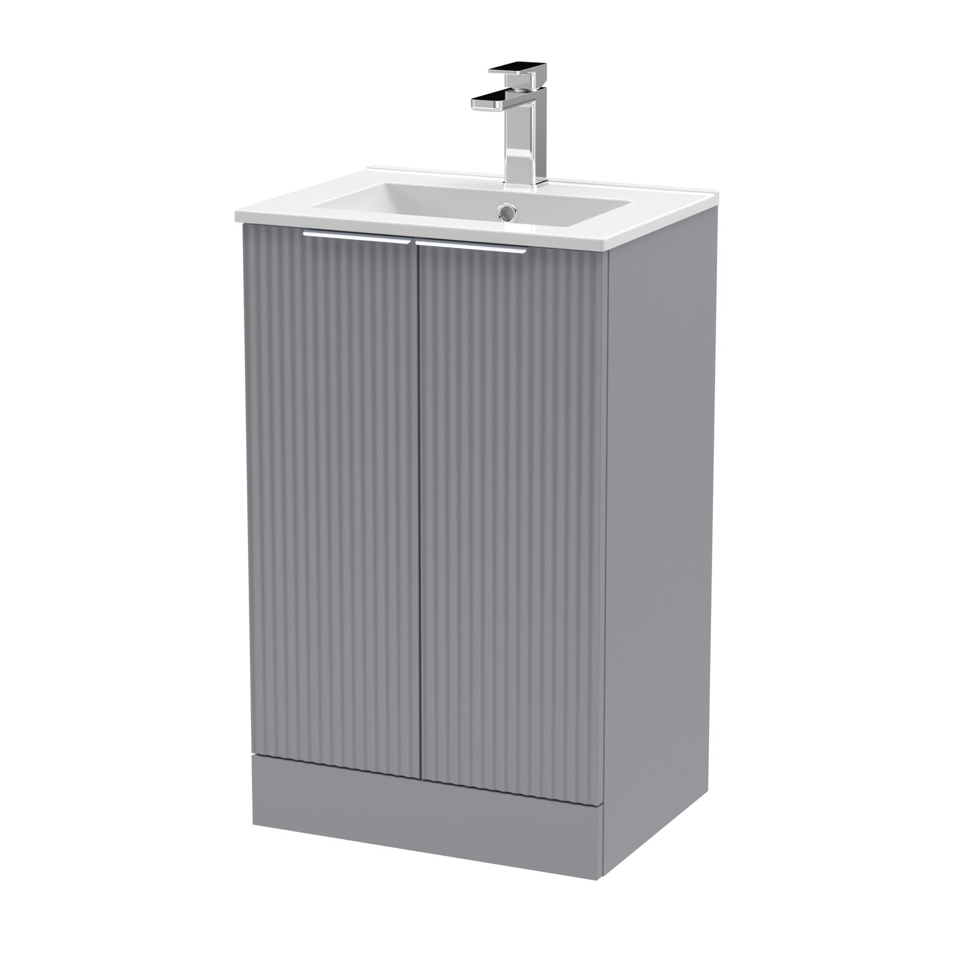 Hudson Reed Fluted 500mm Floor Standing 2 Door Vanity & Basin 2 Contemp Satin Grey MFC Painted Gloss 828x500x390mm - JJ Building Materials