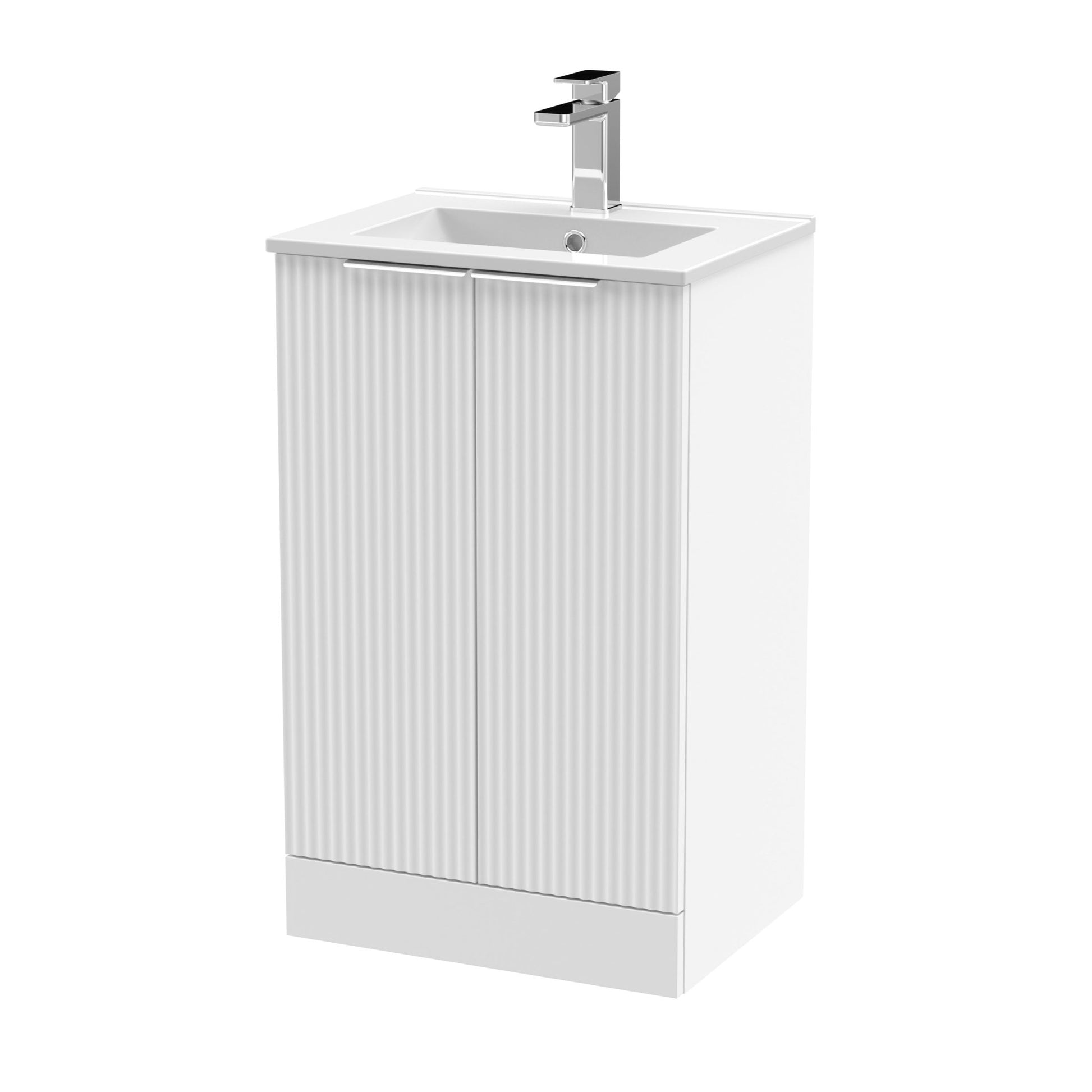 Hudson Reed Fluted 500mm Floor Standing 2 Door Vanity & Basin 2 Contemp Satin White MFC Painted Gloss 828x500x390mm - JJ Building Materials