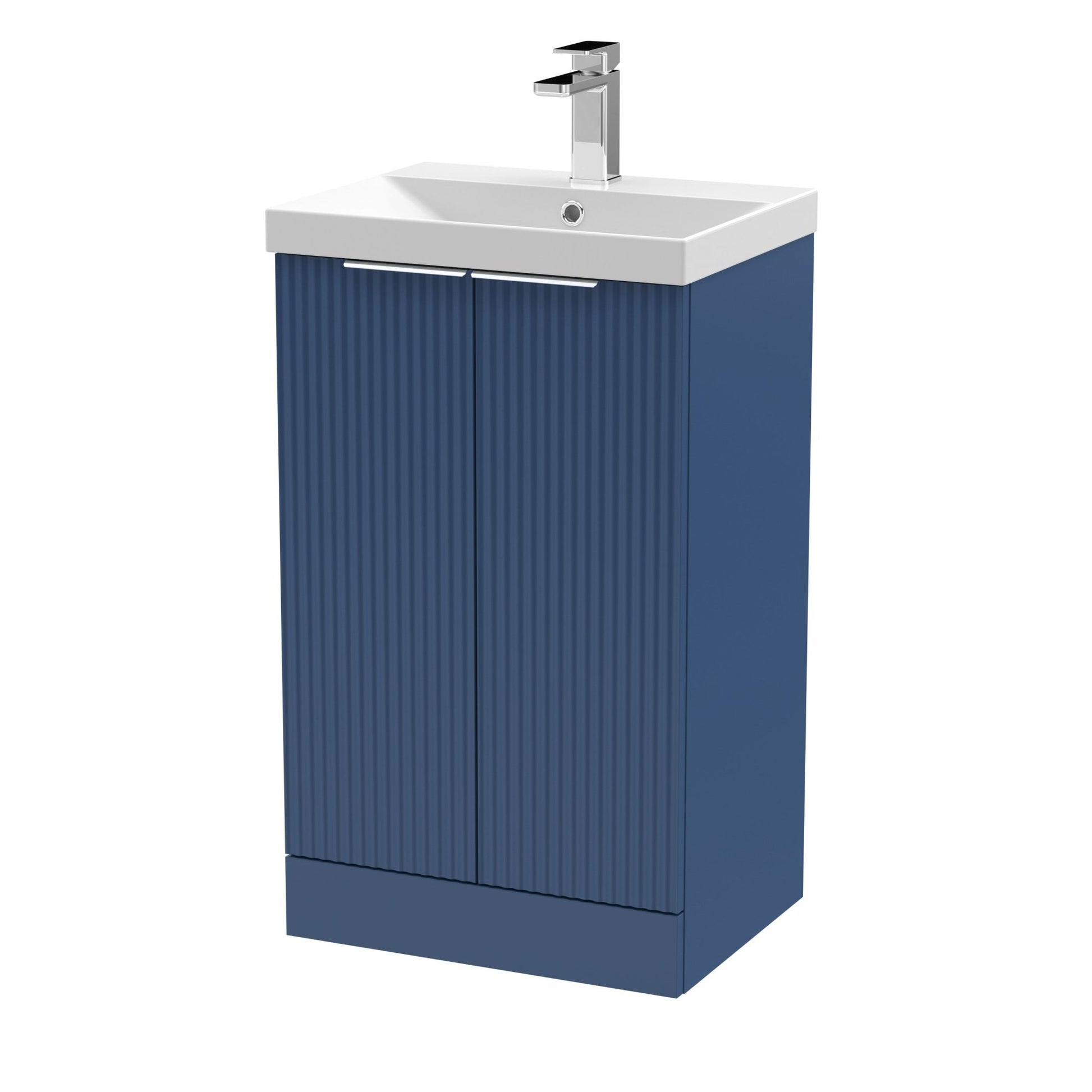 Hudson Reed Fluted 500mm Floor Standing 2 Door Vanity & Basin 3 Contemp Satin Blue MFC Painted Gloss 860x510x395mm - JJ Building Materials