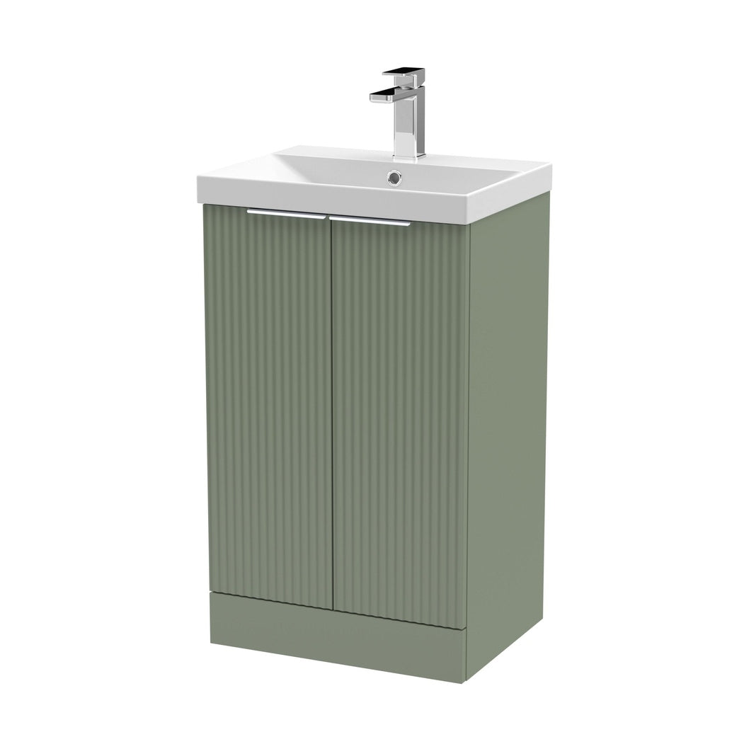 Hudson Reed Fluted 500mm Floor Standing 2 Door Vanity & Basin 3 Contemp Satin Green MFC Painted Gloss 860x510x395mm - JJ Building Materials