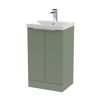 Hudson Reed Fluted 500mm Floor Standing 2 Door Vanity & Basin 3 Contemp Satin Green MFC Painted Gloss 860x510x395mm - JJ Building Materials