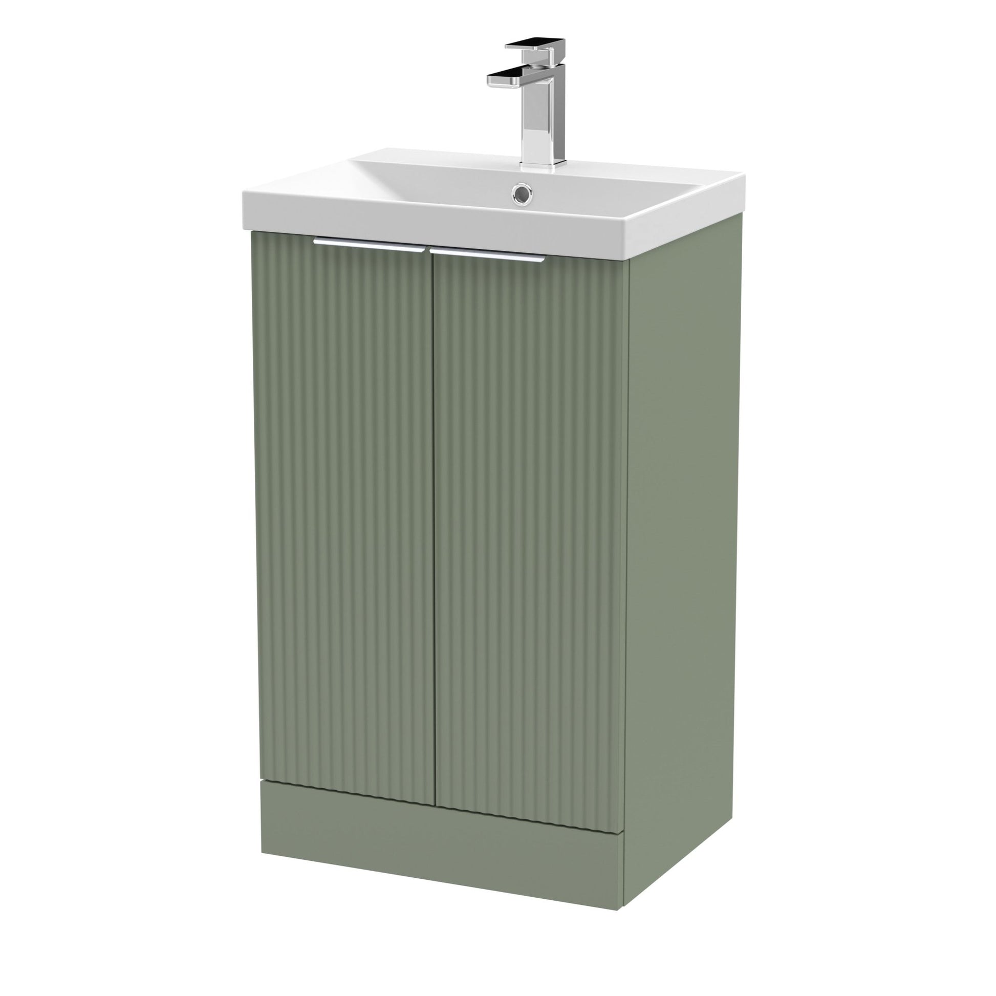 Hudson Reed Fluted 500mm Floor Standing 2 Door Vanity & Basin 3 Contemp Satin Green MFC Painted Gloss 860x510x395mm - JJ Building Materials