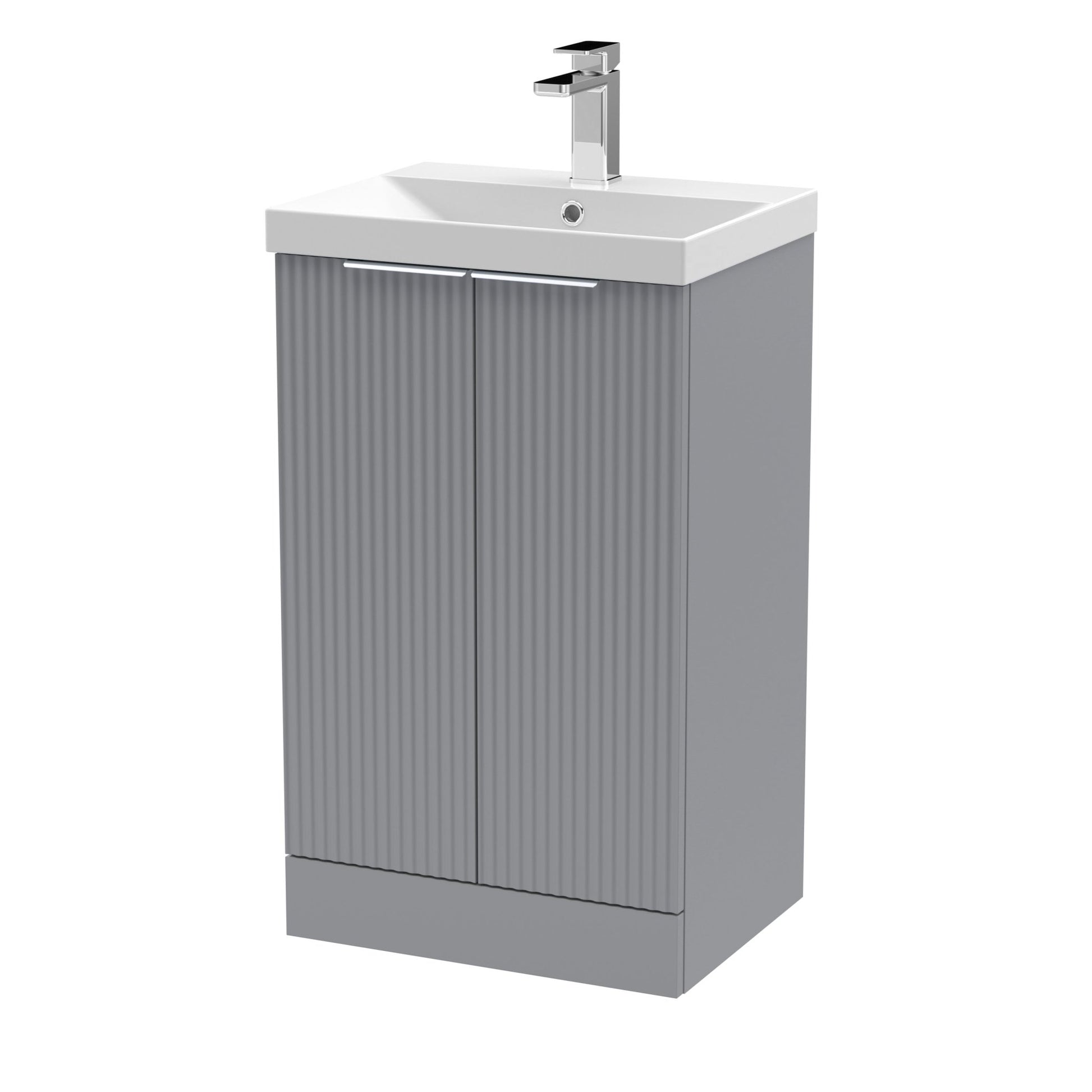 Hudson Reed Fluted 500mm Floor Standing 2 Door Vanity & Basin 3 Contemp Satin Grey MFC Painted Gloss 860x510x395mm - JJ Building Materials