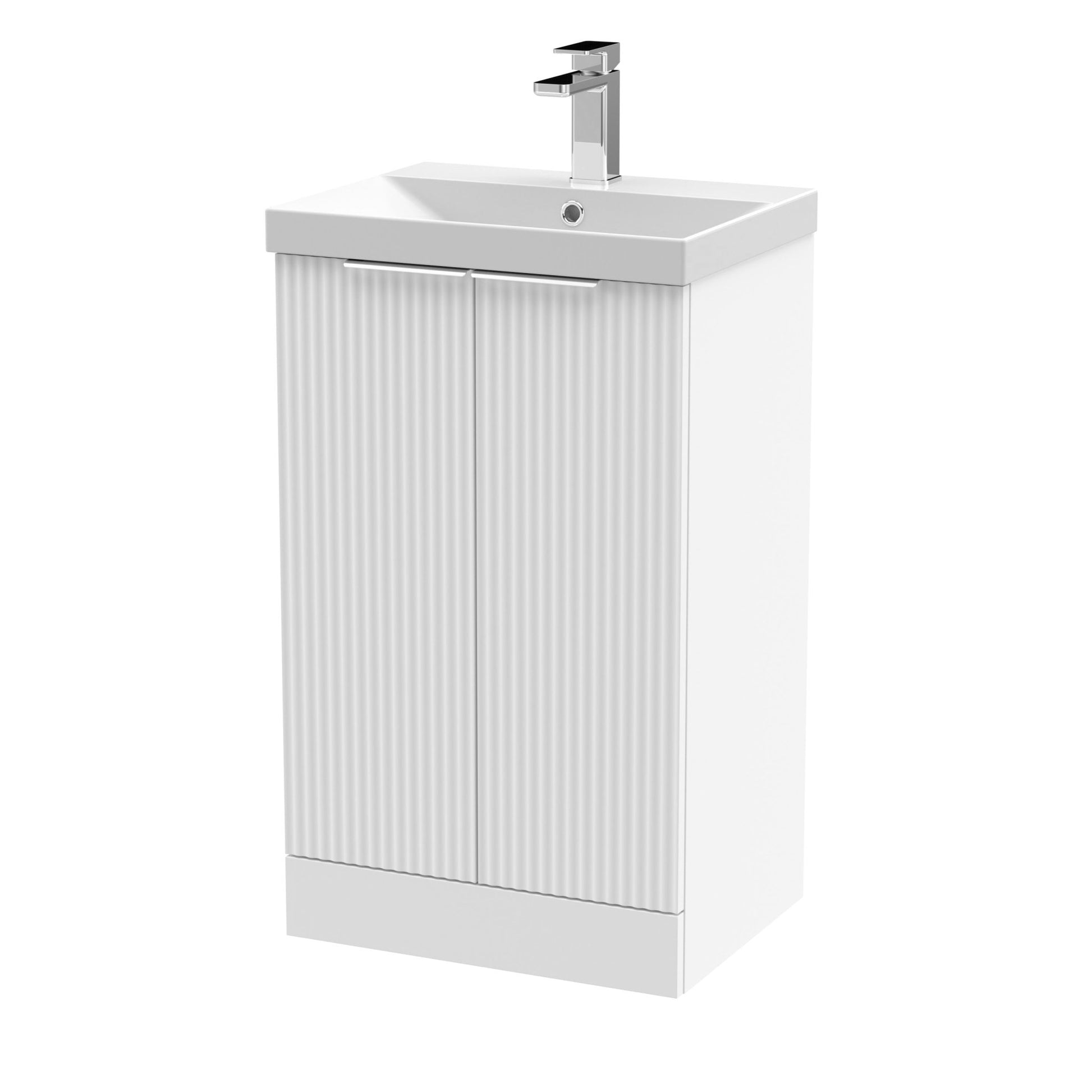 Hudson Reed Fluted 500mm Floor Standing 2 Door Vanity & Basin 3 Contemp Satin White MFC Painted Gloss 860x510x395mm - JJ Building Materials