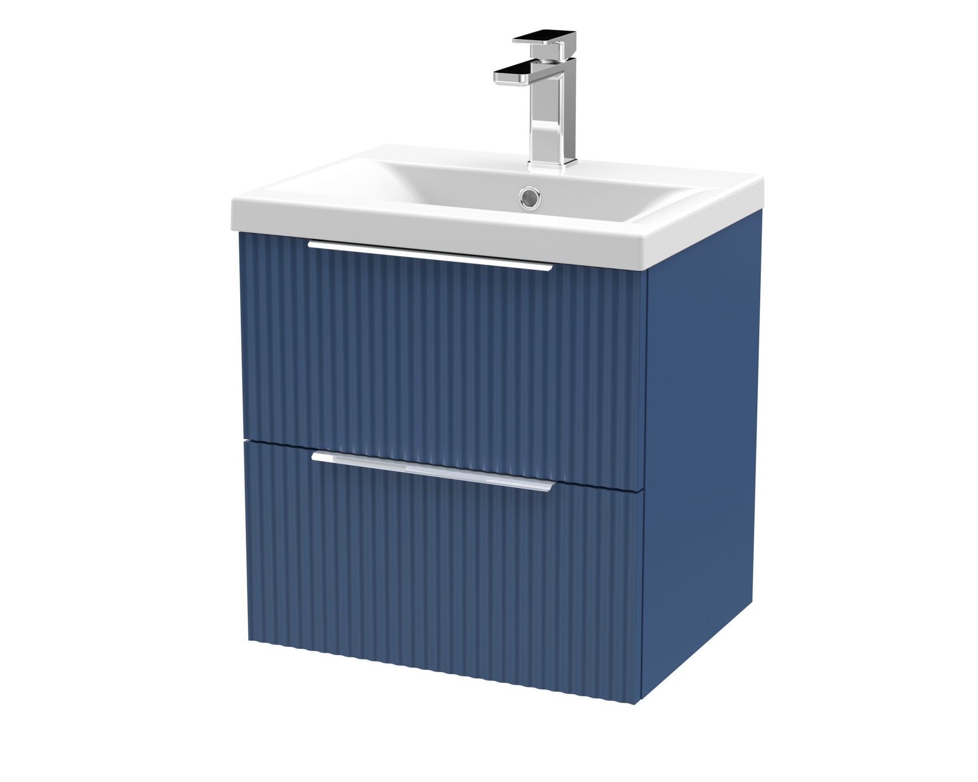 Hudson Reed Fluted 500mm Wall Hung 2 Drawer Vanity & Basin 1 Contemp Satin Blue MFC Painted Gloss 540x510x390mm - JJ Building Materials