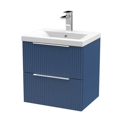 Hudson Reed Fluted 500mm Wall Hung 2 Drawer Vanity & Basin 1 Contemp Satin Blue MFC Painted Gloss 540x510x390mm - JJ Building Materials
