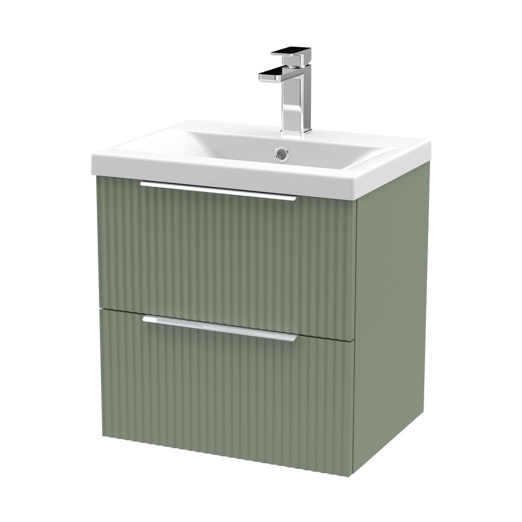 Hudson Reed Fluted 500mm Wall Hung 2 Drawer Vanity & Basin 1 Contemp Satin Green MFC Painted Gloss 540x510x390mm - JJ Building Materials