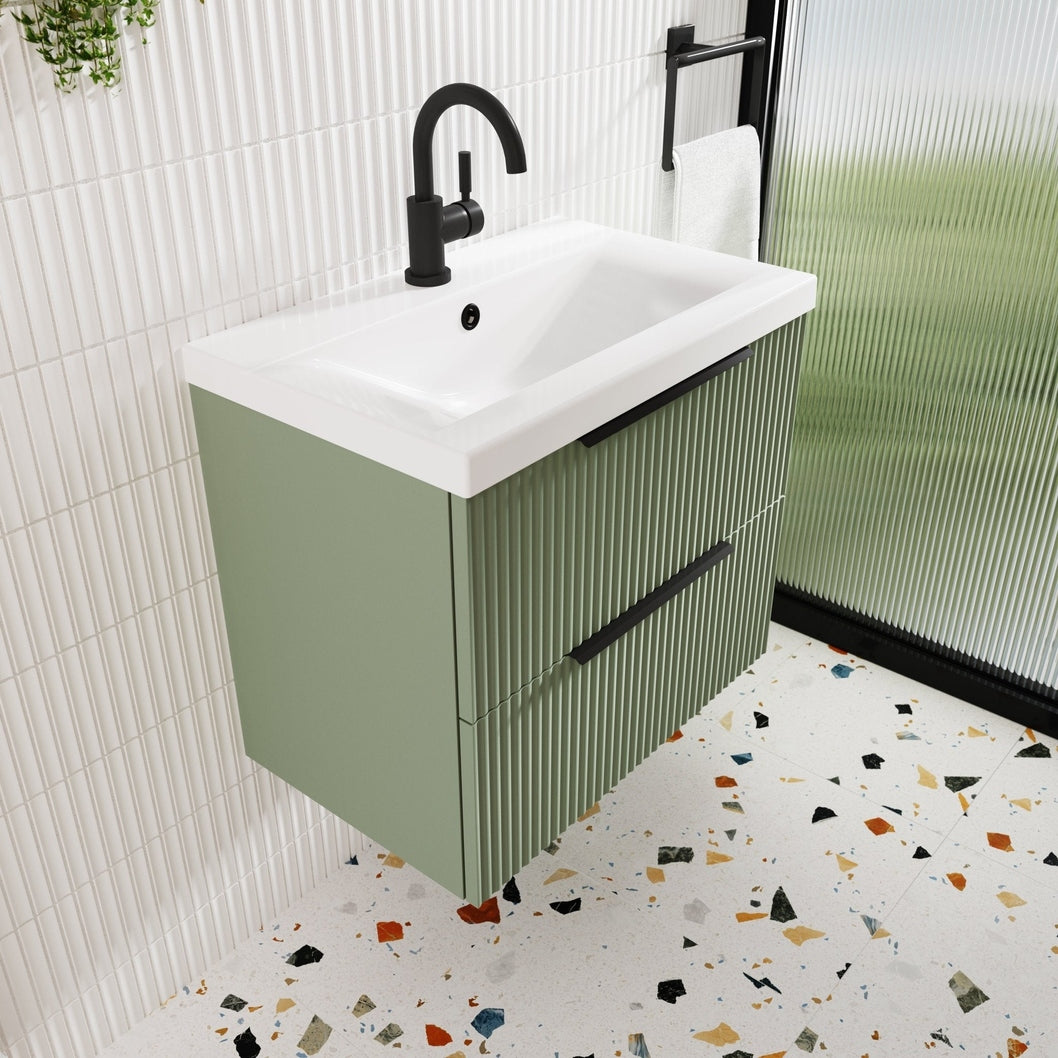 Hudson Reed Fluted 500mm Wall Hung 2 Drawer Vanity & Basin 1 Contemp Satin Green MFC Painted Gloss 540x510x390mm - JJ Building Materials