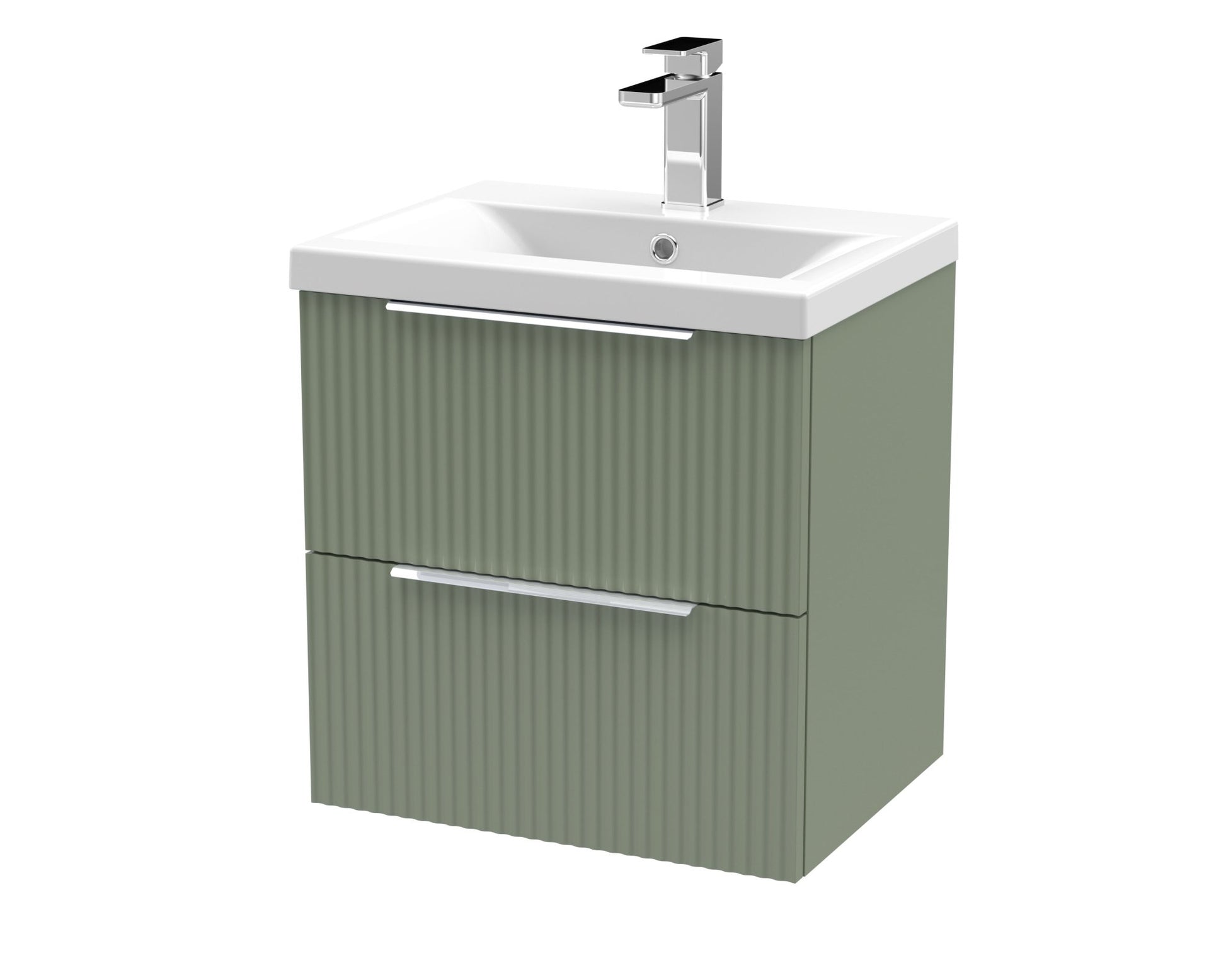 Hudson Reed Fluted 500mm Wall Hung 2 Drawer Vanity & Basin 1 Contemp Satin Green MFC Painted Gloss 540x510x390mm - JJ Building Materials