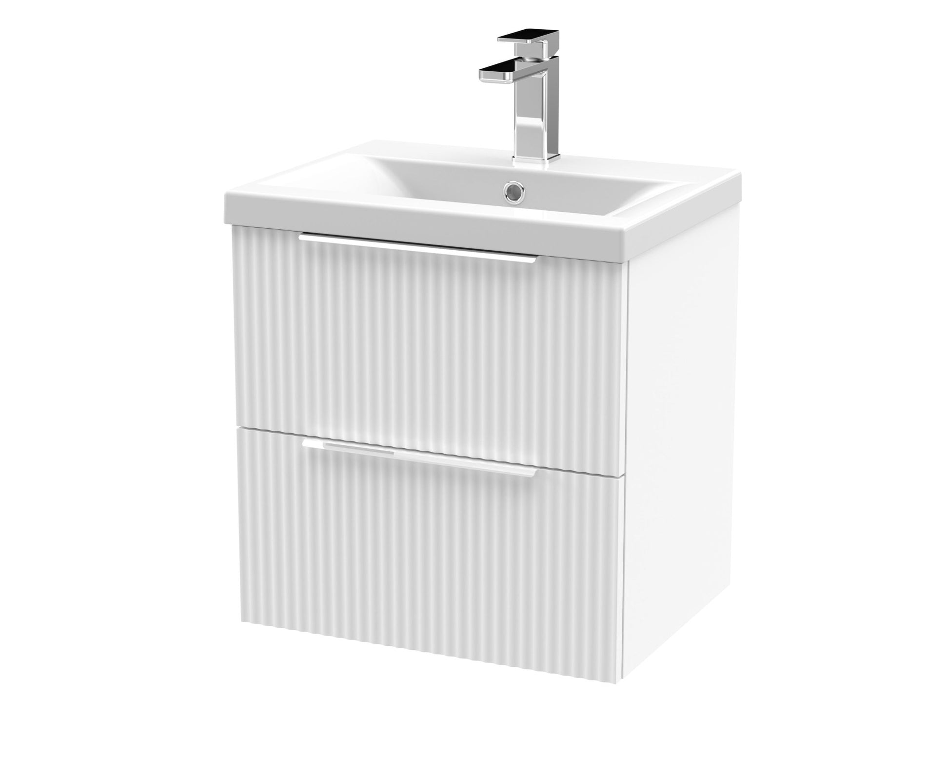 Hudson Reed Fluted 500mm Wall Hung 2 Drawer Vanity & Basin 1 Contemp Satin White MFC Painted Gloss 540x510x390mm - JJ Building Materials