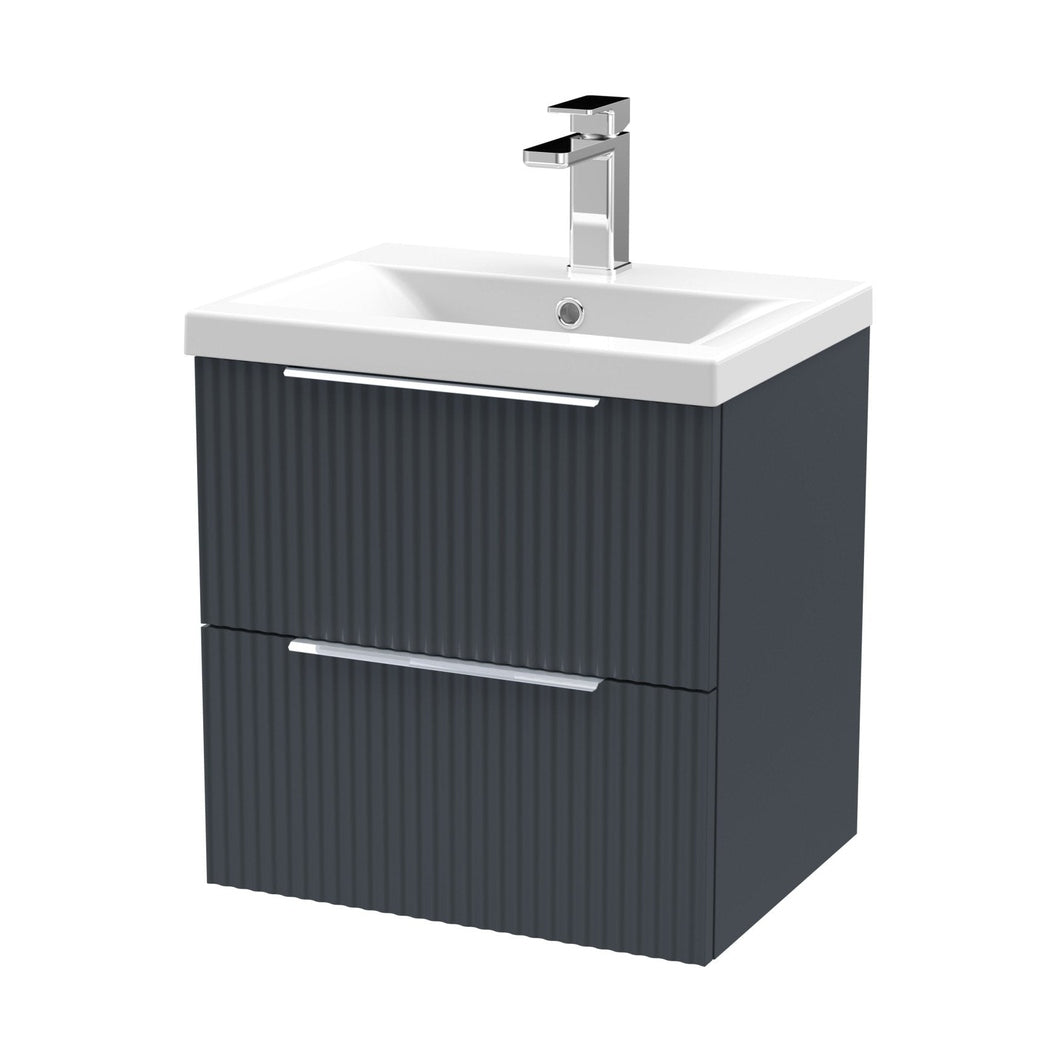 Hudson Reed Fluted 500mm Wall Hung 2 Drawer Vanity & Basin 1 Contemp Soft Black MFC Painted Gloss 540x510x390mm - JJ Building Materials