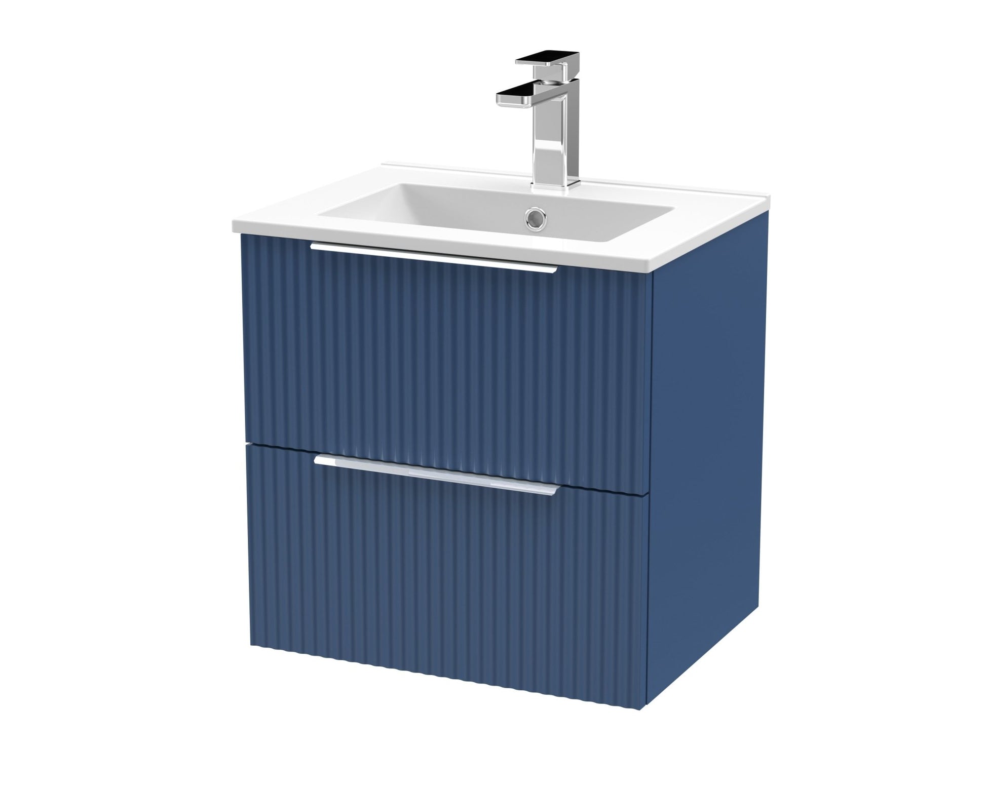 Hudson Reed Fluted 500mm Wall Hung 2 Drawer Vanity & Basin 2 Contemp Satin Blue MFC Painted Gloss 518x500x390mm - JJ Building Materials