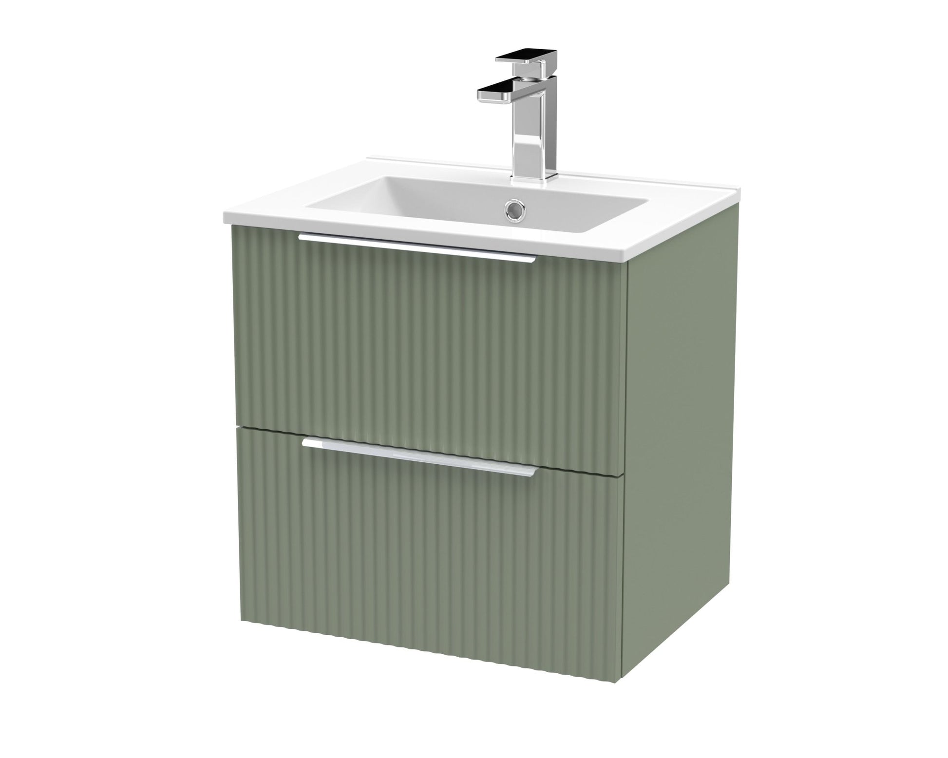 Hudson Reed Fluted 500mm Wall Hung 2 Drawer Vanity & Basin 2 Contemp Satin Green MFC Painted Gloss 518x500x390mm - JJ Building Materials