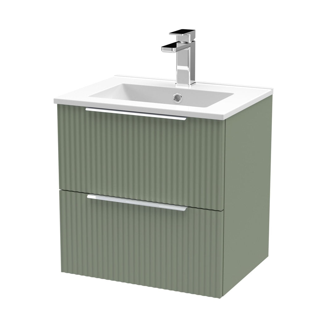 Hudson Reed Fluted 500mm Wall Hung 2 Drawer Vanity & Basin 2 Contemp Satin Green MFC Painted Gloss 518x500x390mm - JJ Building Materials