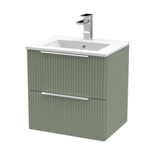 Hudson Reed Fluted 500mm Wall Hung 2 Drawer Vanity & Basin 2 Contemp Satin Green MFC Painted Gloss 518x500x390mm - JJ Building Materials
