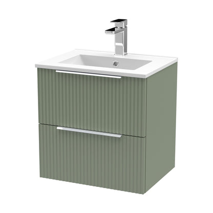 Hudson Reed Fluted 500mm Wall Hung 2 Drawer Vanity & Basin 2 Contemp Satin Green MFC Painted Gloss 518x500x390mm - JJ Building Materials