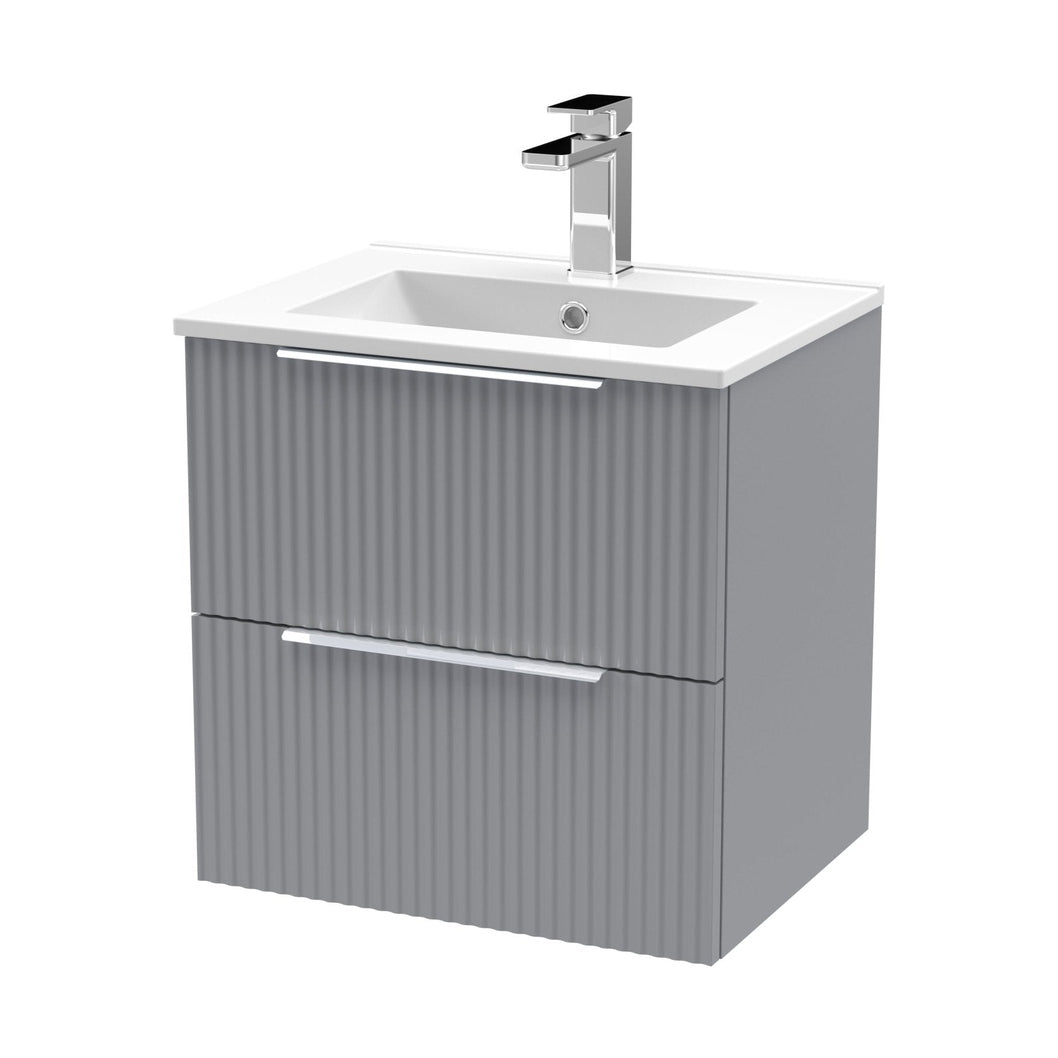Hudson Reed Fluted 500mm Wall Hung 2 Drawer Vanity & Basin 2 Contemp Satin Grey MFC Painted Gloss 518x500x390mm - JJ Building Materials