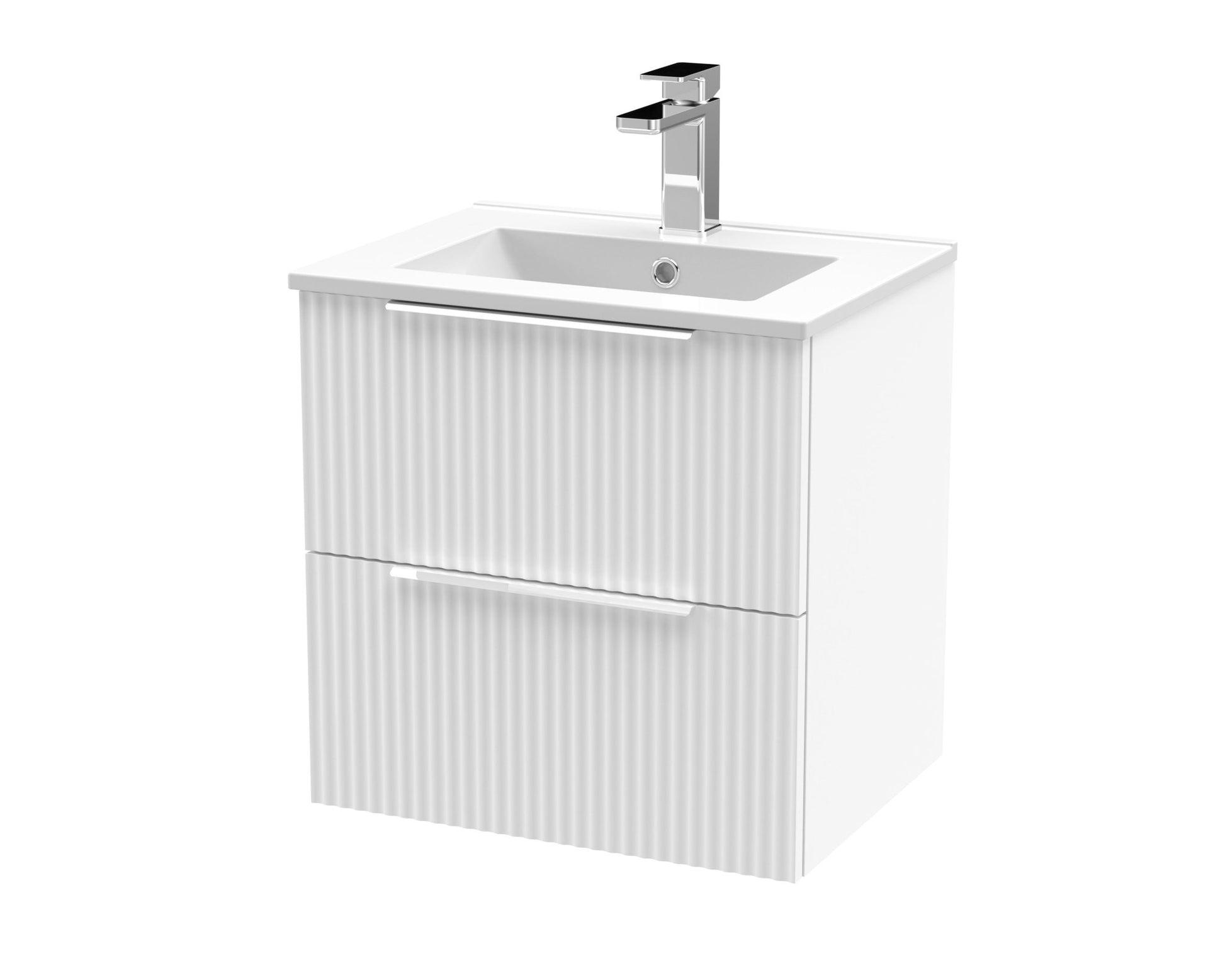 Hudson Reed Fluted 500mm Wall Hung 2 Drawer Vanity & Basin 2 Contemp Satin White MFC Painted Gloss 518x500x390mm - JJ Building Materials