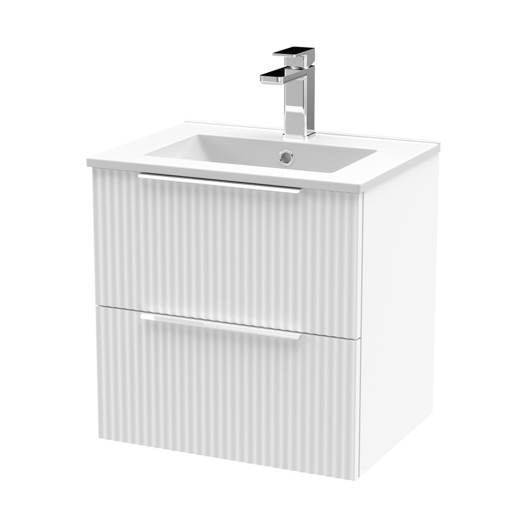 Hudson Reed Fluted 500mm Wall Hung 2 Drawer Vanity & Basin 2 Contemp Satin White MFC Painted Gloss 518x500x390mm - JJ Building Materials