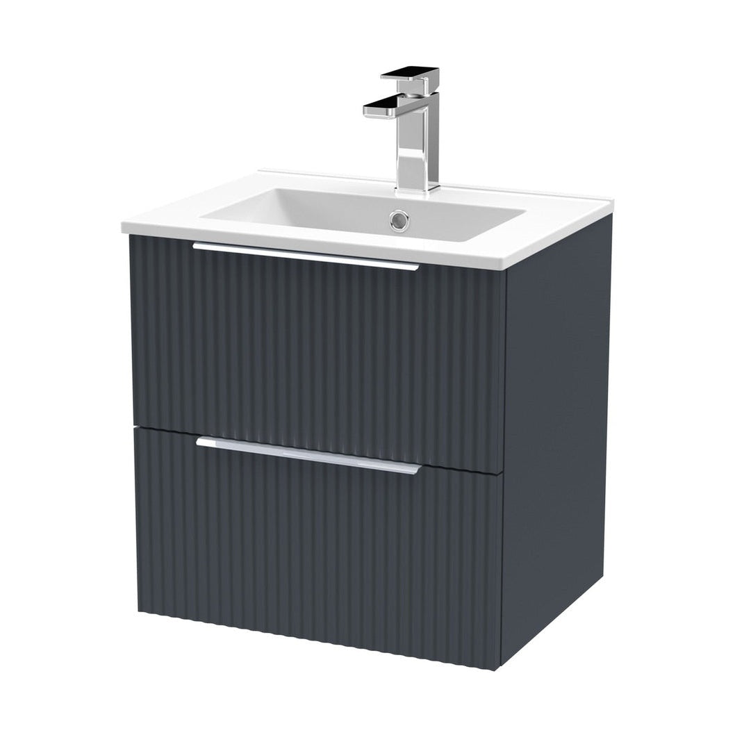 Hudson Reed Fluted 500mm Wall Hung 2 Drawer Vanity & Basin 2 Contemp Soft Black MFC Painted Gloss 518x500x390mm - JJ Building Materials