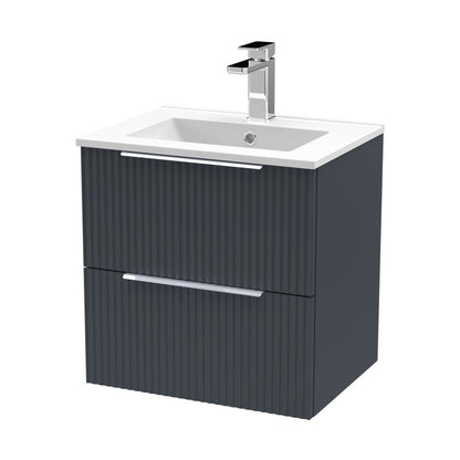 Hudson Reed Fluted 500mm Wall Hung 2 Drawer Vanity & Basin 2 Contemp Soft Black MFC Painted Gloss 518x500x390mm - JJ Building Materials