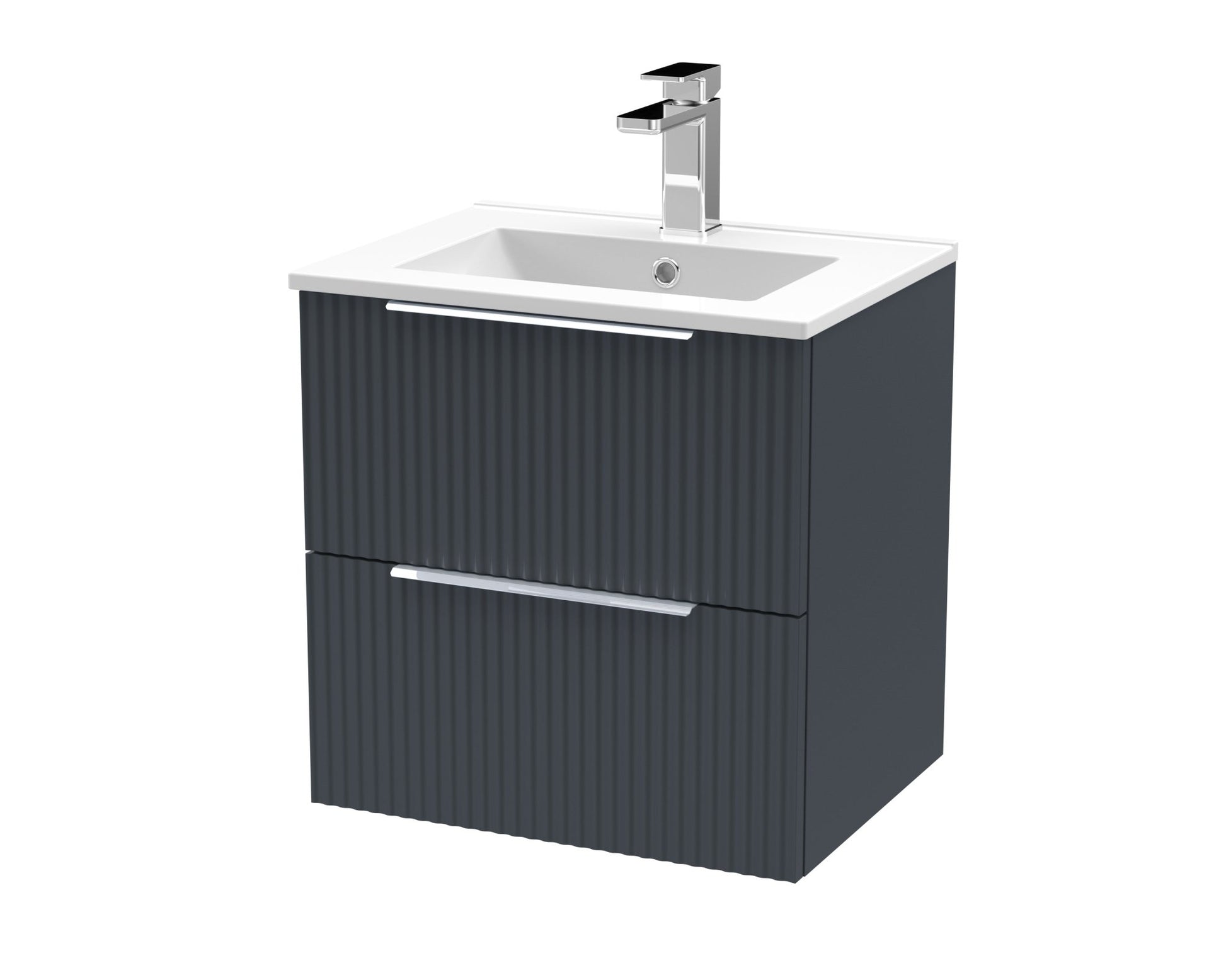Hudson Reed Fluted 500mm Wall Hung 2 Drawer Vanity & Basin 2 Contemp Soft Black MFC Painted Gloss 518x500x390mm - JJ Building Materials