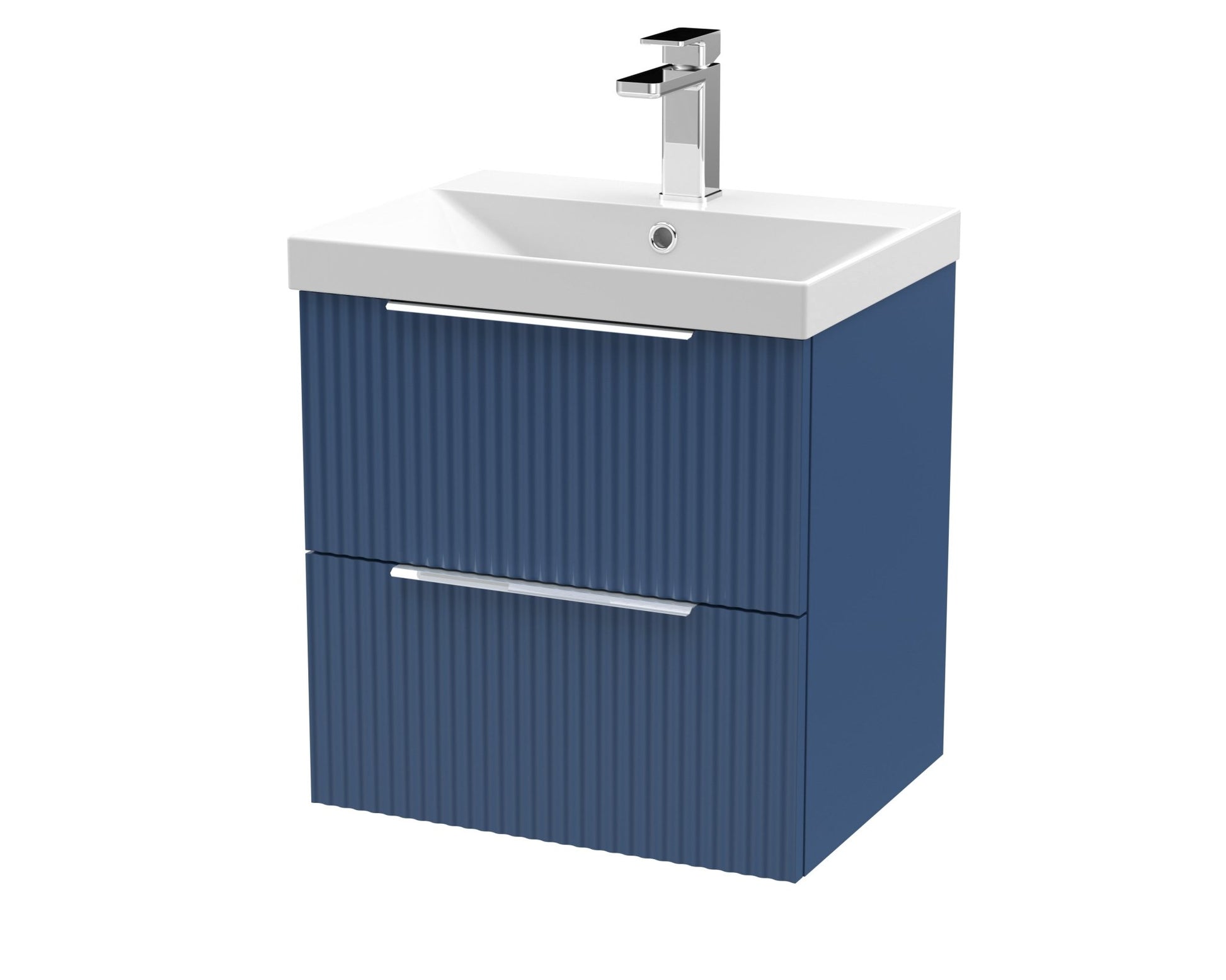 Hudson Reed Fluted 500mm Wall Hung 2 Drawer Vanity & Basin 3 Contemp Satin Blue MFC Painted Gloss 550x510x395mm - JJ Building Materials