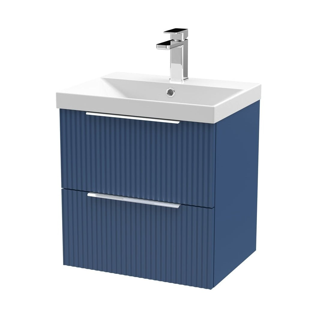 Hudson Reed Fluted 500mm Wall Hung 2 Drawer Vanity & Basin 3 Contemp Satin Blue MFC Painted Gloss 550x510x395mm - JJ Building Materials