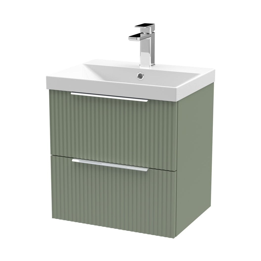 Hudson Reed Fluted 500mm Wall Hung 2 Drawer Vanity & Basin 3 Contemp Satin Green MFC Painted Gloss 550x510x395mm - JJ Building Materials