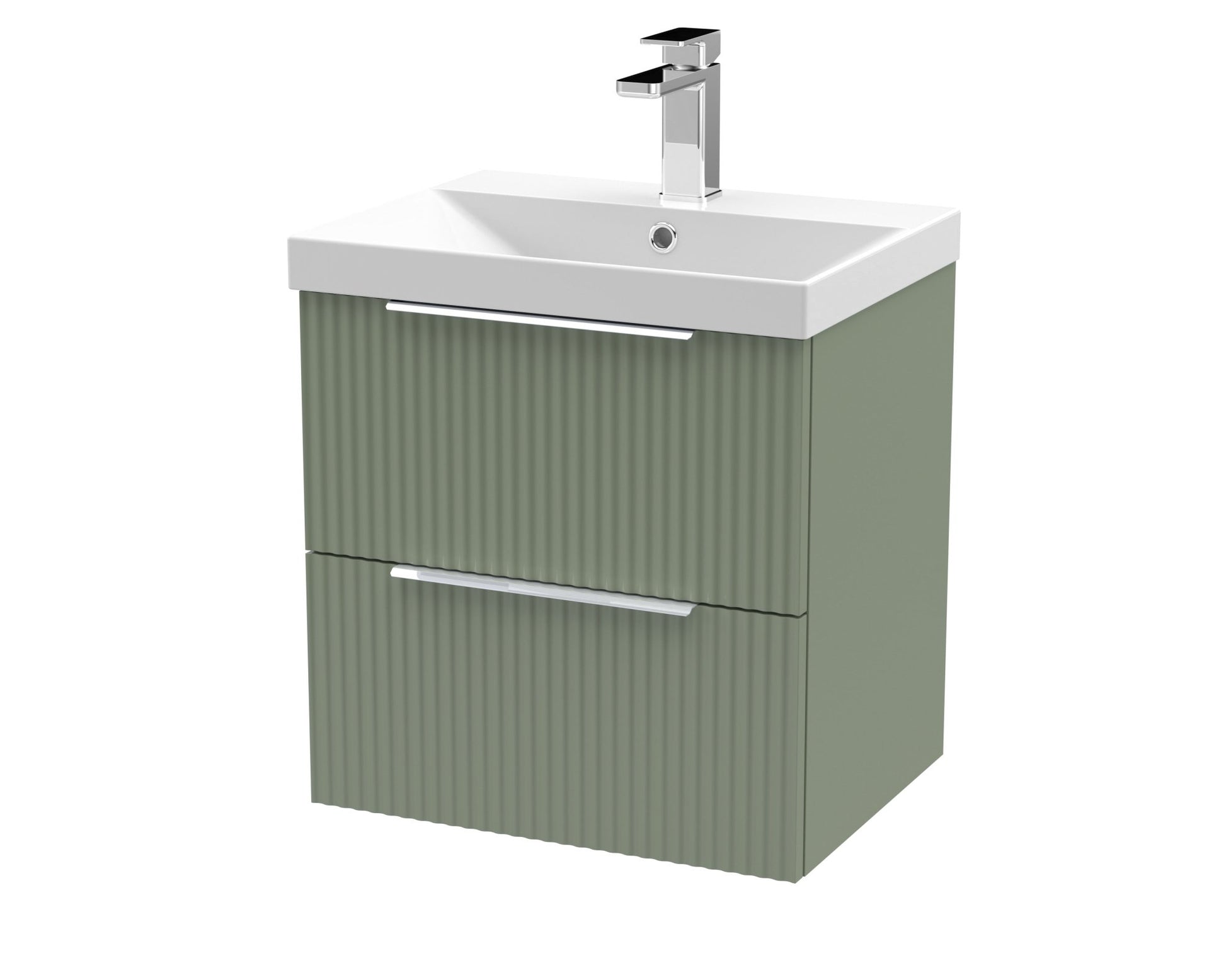 Hudson Reed Fluted 500mm Wall Hung 2 Drawer Vanity & Basin 3 Contemp Satin Green MFC Painted Gloss 550x510x395mm - JJ Building Materials