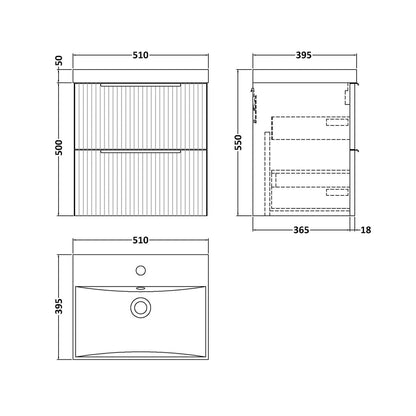 Hudson Reed Fluted 500mm Wall Hung 2 Drawer Vanity & Basin 3 Contemp Satin Grey MFC Painted Gloss 550x510x395mm - JJ Building Materials