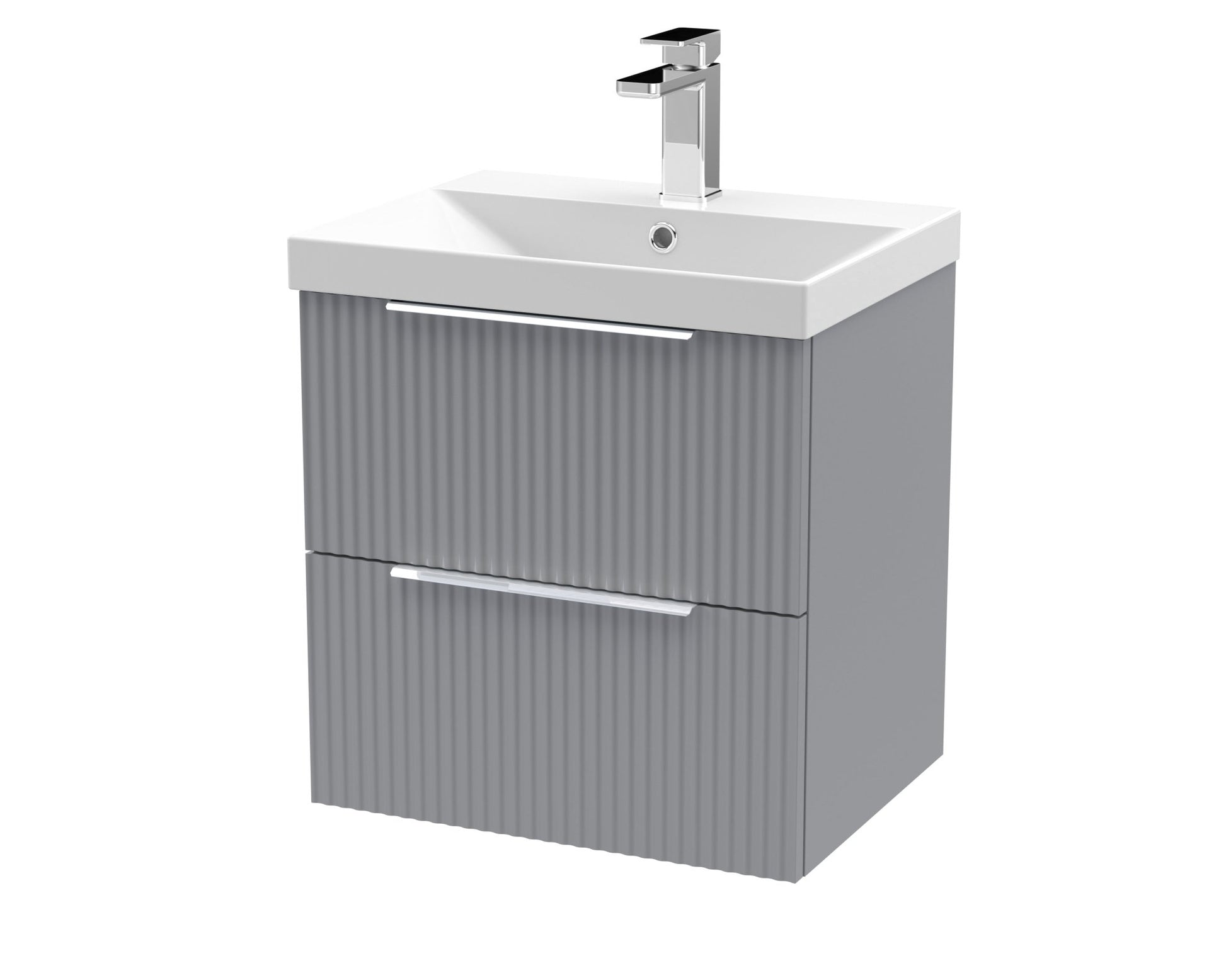 Hudson Reed Fluted 500mm Wall Hung 2 Drawer Vanity & Basin 3 Contemp Satin Grey MFC Painted Gloss 550x510x395mm - JJ Building Materials