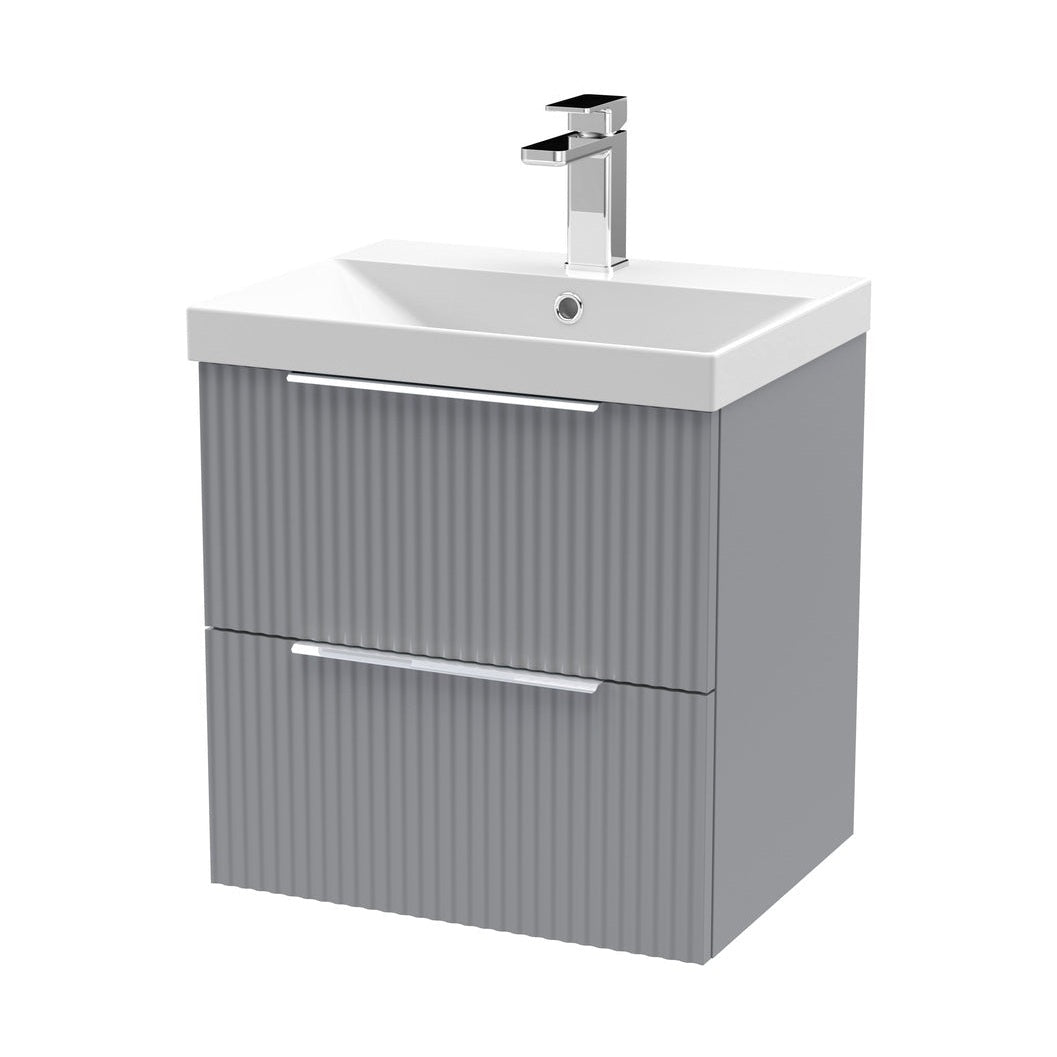 Hudson Reed Fluted 500mm Wall Hung 2 Drawer Vanity & Basin 3 Contemp Satin Grey MFC Painted Gloss 550x510x395mm - JJ Building Materials