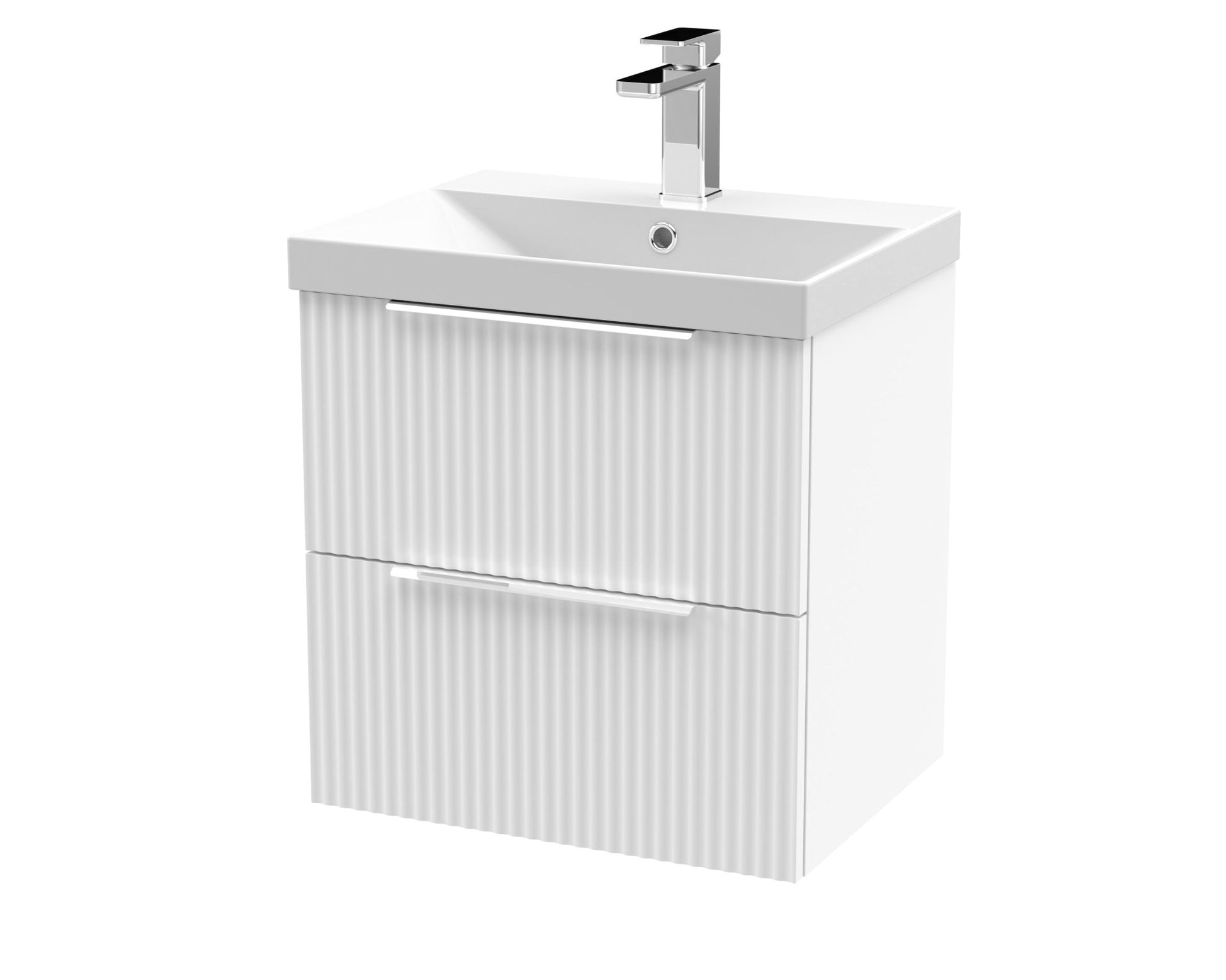 Hudson Reed Fluted 500mm Wall Hung 2 Drawer Vanity & Basin 3 Contemp Satin White MFC Painted Gloss 550x510x395mm - JJ Building Materials