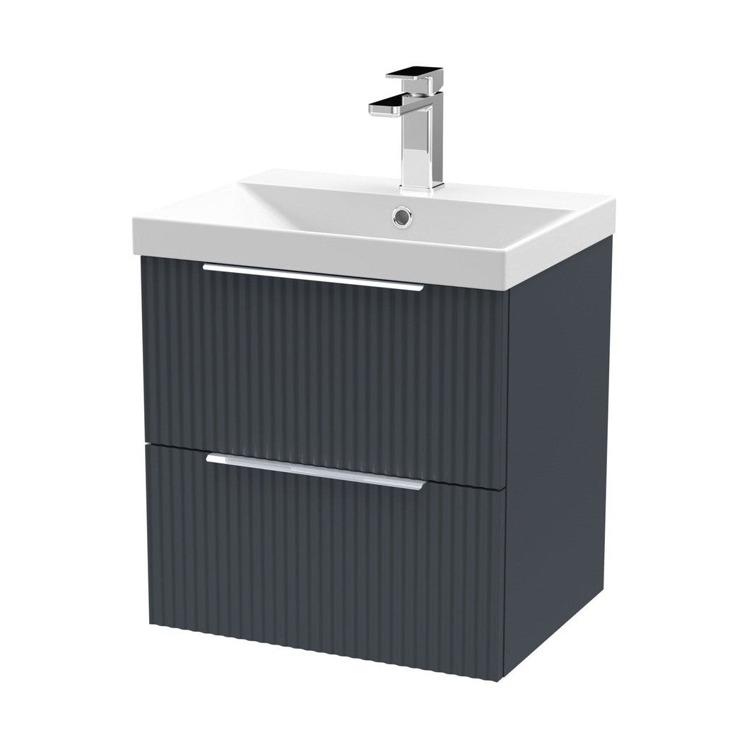 Hudson Reed Fluted 500mm Wall Hung 2 Drawer Vanity & Basin 3 Contemp Soft Black MFC Painted Gloss 550x510x395mm - JJ Building Materials
