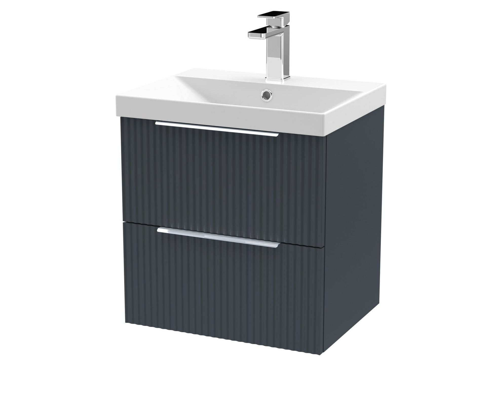 Hudson Reed Fluted 500mm Wall Hung 2 Drawer Vanity & Basin 3 Contemp Soft Black MFC Painted Gloss 550x510x395mm - JJ Building Materials