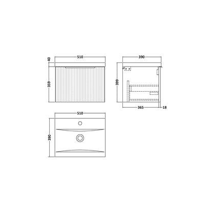 Hudson Reed Fluted 500mm Wall Hung Single Drawer Vanity & Basin 1 Contemp Satin Blue MFC Painted Gloss 399x510x390mm - JJ Building Materials