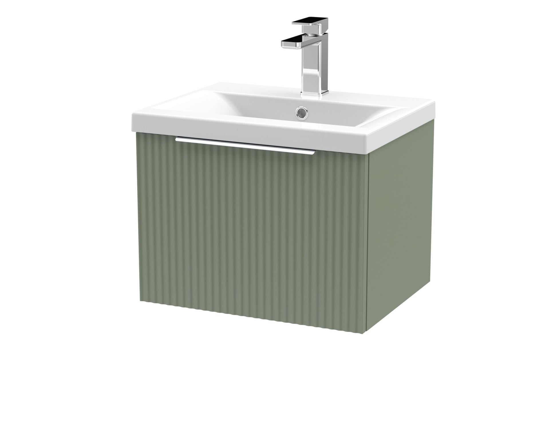 Hudson Reed Fluted 500mm Wall Hung Single Drawer Vanity & Basin 1 Contemp Satin Green MFC Painted Gloss 399x510x390mm - JJ Building Materials