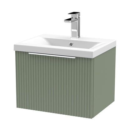 Hudson Reed Fluted 500mm Wall Hung Single Drawer Vanity & Basin 1 Contemp Satin Green MFC Painted Gloss 399x510x390mm - JJ Building Materials