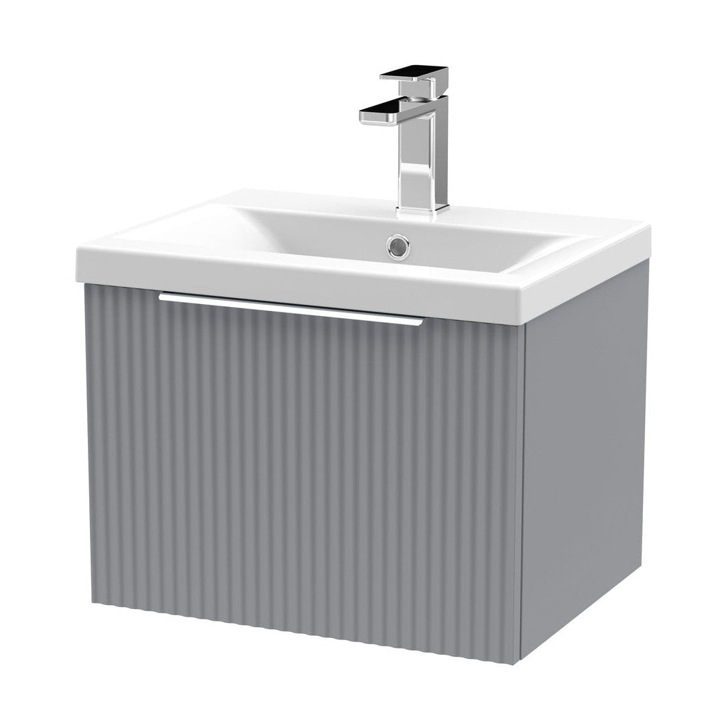 Hudson Reed Fluted 500mm Wall Hung Single Drawer Vanity & Basin 1 Contemp Satin Grey MFC Painted Gloss 399x510x390mm - JJ Building Materials
