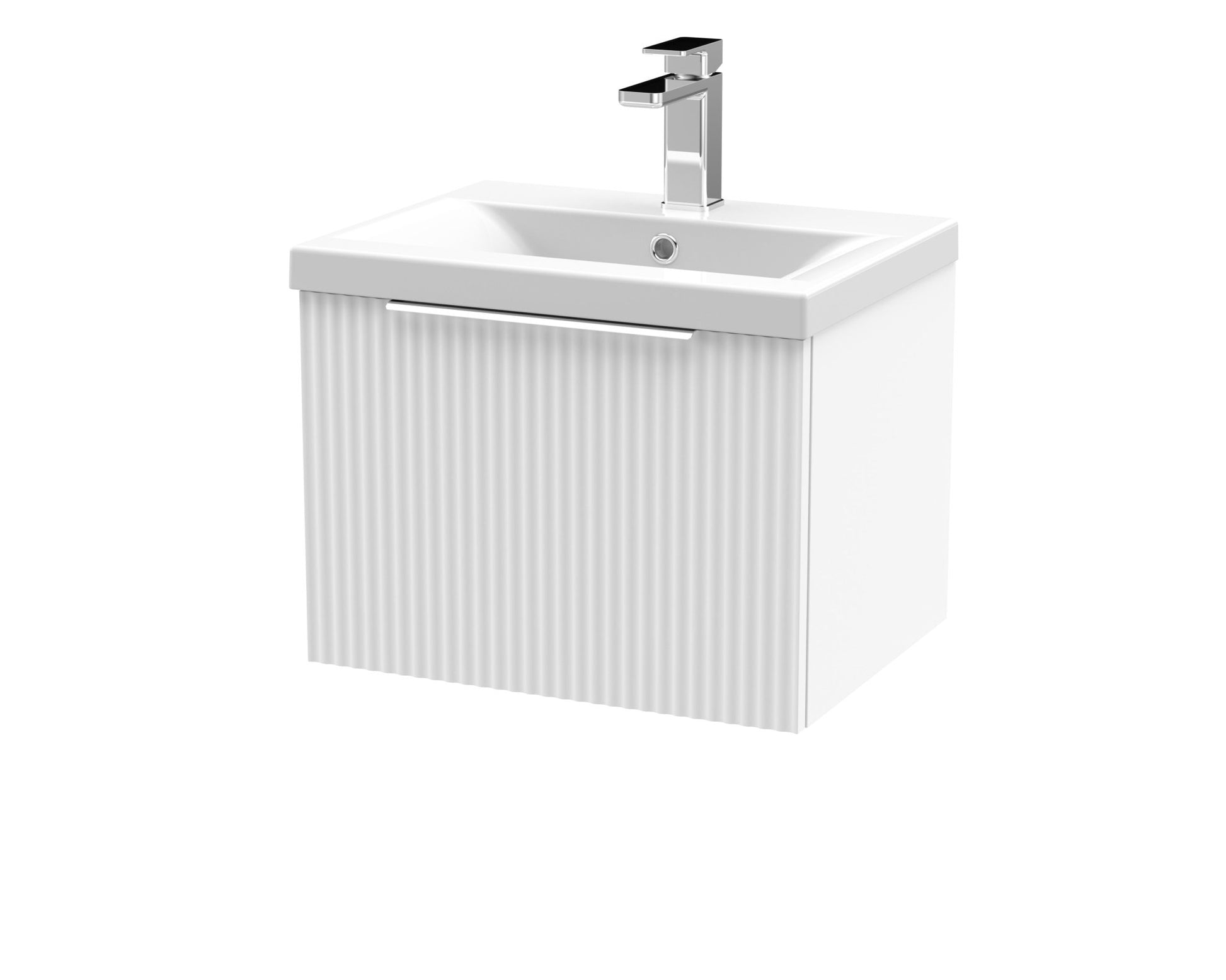 Hudson Reed Fluted 500mm Wall Hung Single Drawer Vanity & Basin 1 Contemp Satin White MFC Painted Gloss 399x510x390mm - JJ Building Materials