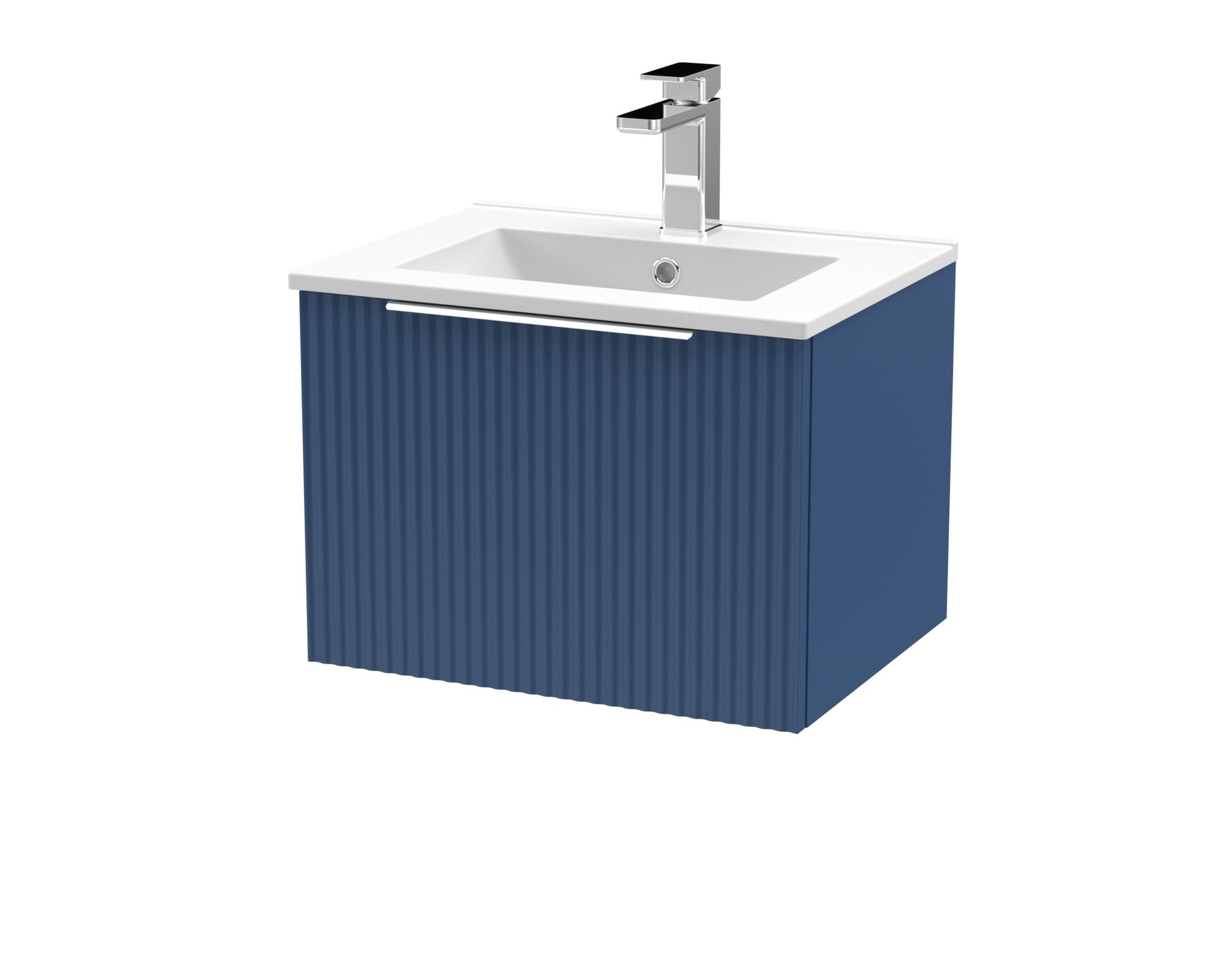 Hudson Reed Fluted 500mm Wall Hung Single Drawer Vanity & Basin 2 Contemp Satin Blue MFC Painted Gloss 377x500x390mm - JJ Building Materials