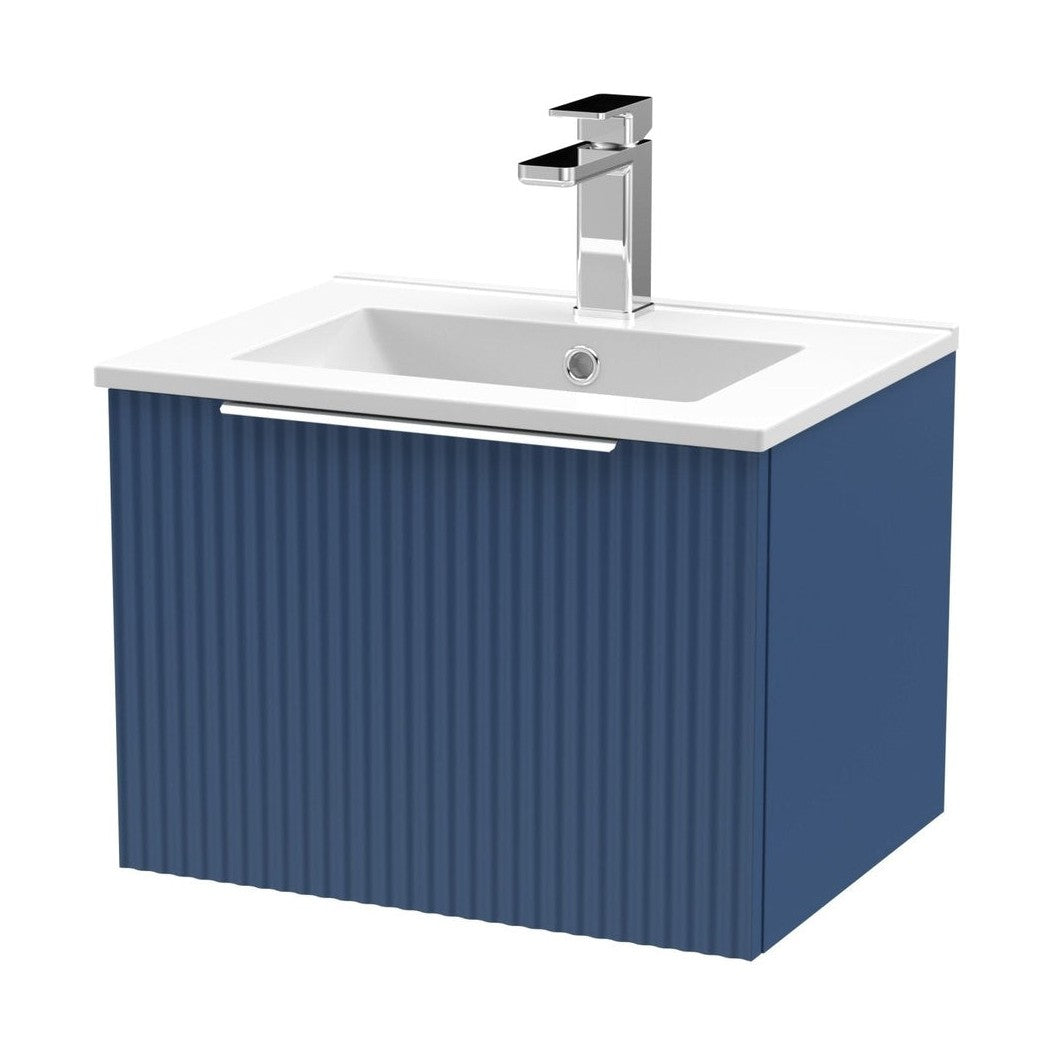 Hudson Reed Fluted 500mm Wall Hung Single Drawer Vanity & Basin 2 Contemp Satin Blue MFC Painted Gloss 377x500x390mm - JJ Building Materials
