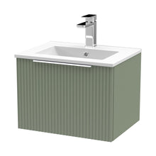 Hudson Reed Fluted 500mm Wall Hung Single Drawer Vanity & Basin 2 Contemp Satin Green MFC Painted Gloss 377x500x390mm - JJ Building Materials