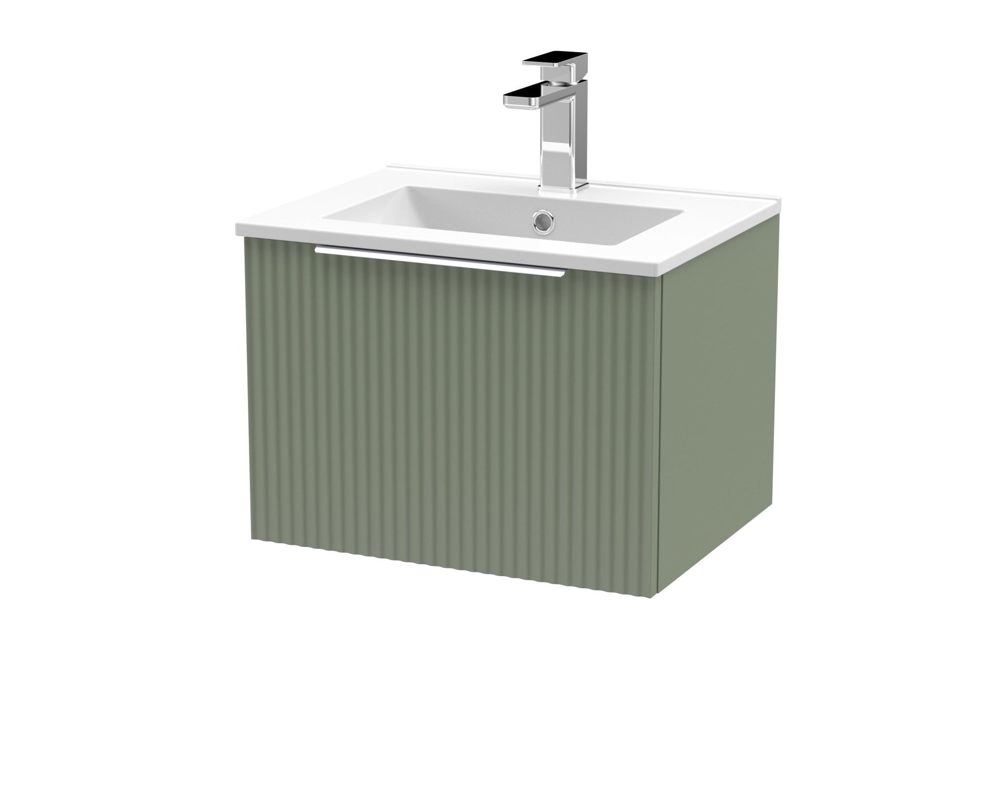 Hudson Reed Fluted 500mm Wall Hung Single Drawer Vanity & Basin 2 Contemp Satin Green MFC Painted Gloss 377x500x390mm - JJ Building Materials