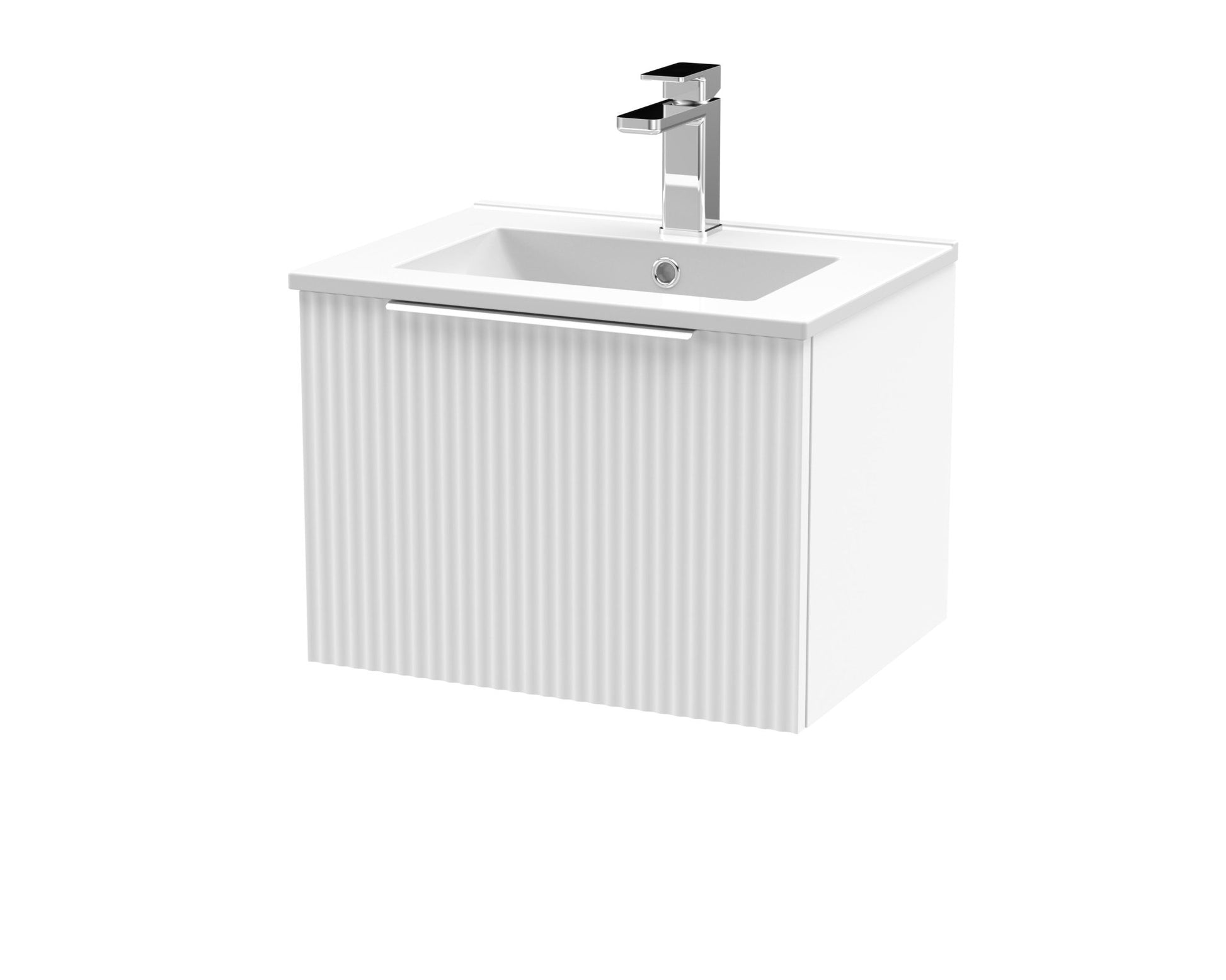 Hudson Reed Fluted 500mm Wall Hung Single Drawer Vanity & Basin 2 Contemp Satin White MFC Painted Gloss 377x500x390mm - JJ Building Materials