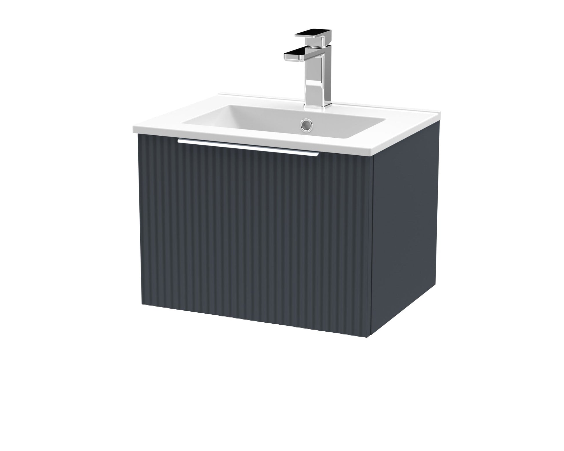 Hudson Reed Fluted 500mm Wall Hung Single Drawer Vanity & Basin 2 Contemp Soft Black MFC Painted Gloss 377x500x390mm - JJ Building Materials