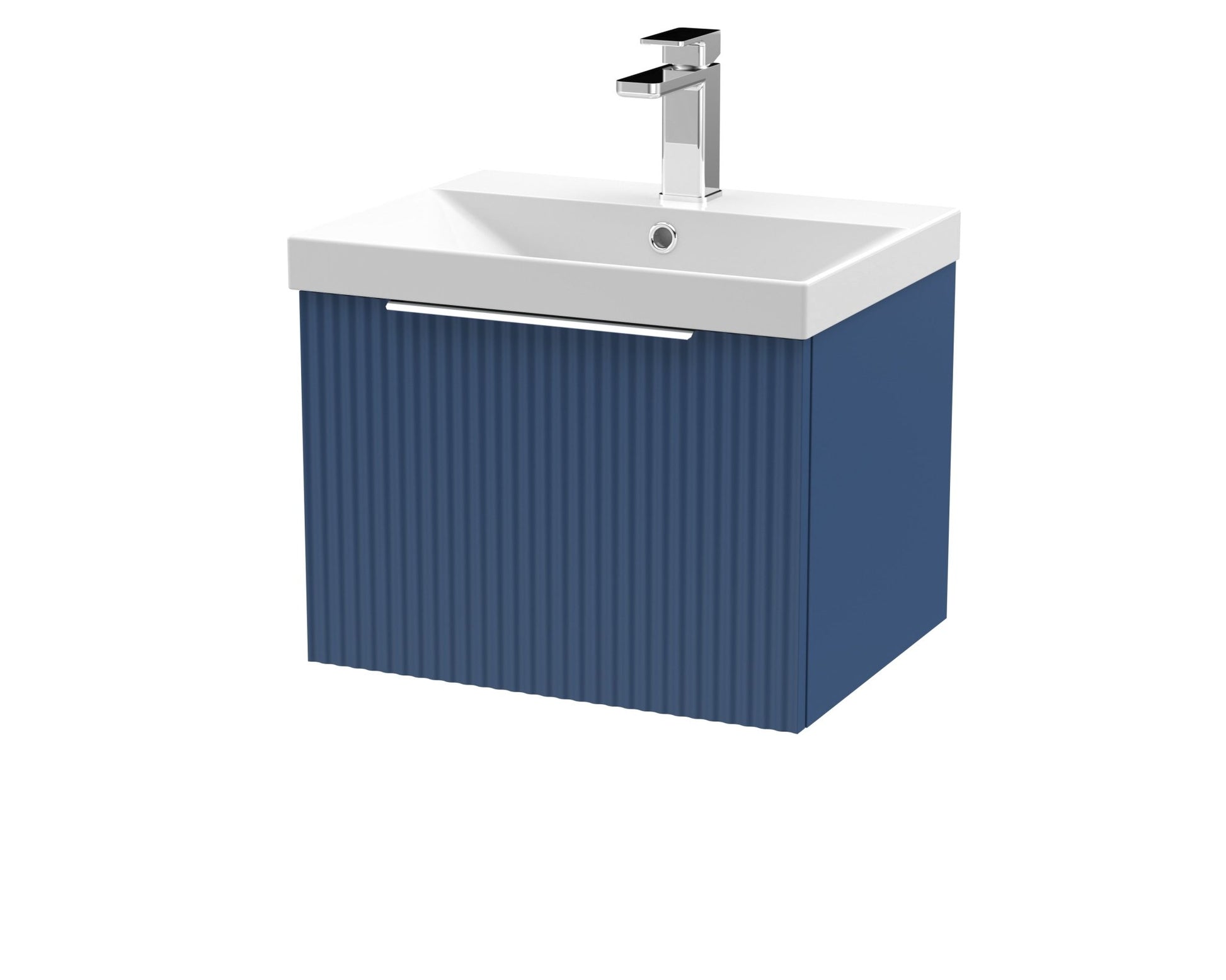 Hudson Reed Fluted 500mm Wall Hung Single Drawer Vanity & Basin 3 Contemp Satin Blue MFC Painted Gloss 409x510x395mm - JJ Building Materials