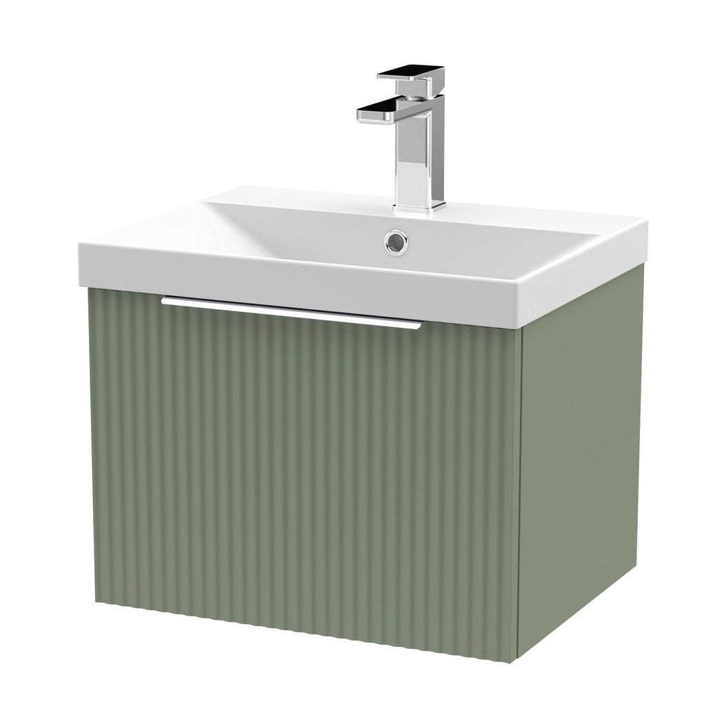Hudson Reed Fluted 500mm Wall Hung Single Drawer Vanity & Basin 3 Contemp Satin Green MFC Painted Gloss 409x510x395mm - JJ Building Materials