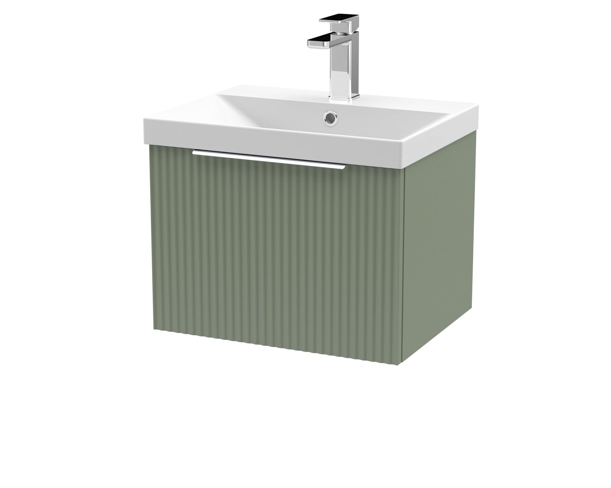 Hudson Reed Fluted 500mm Wall Hung Single Drawer Vanity & Basin 3 Contemp Satin Green MFC Painted Gloss 409x510x395mm - JJ Building Materials